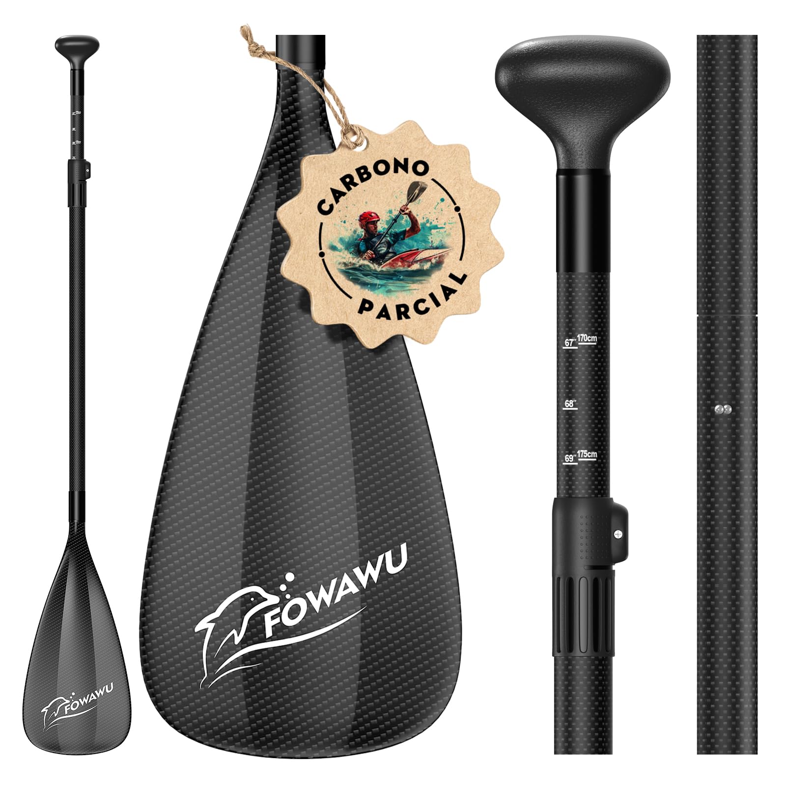FOWAWU 3-Parte Remo Paddle Surf Semi-Carbono/Carbono Pala Sup Paddle Telescopic 160cm–210cm para Tabla de Surf Canoa Sup, Ligero y Portátil