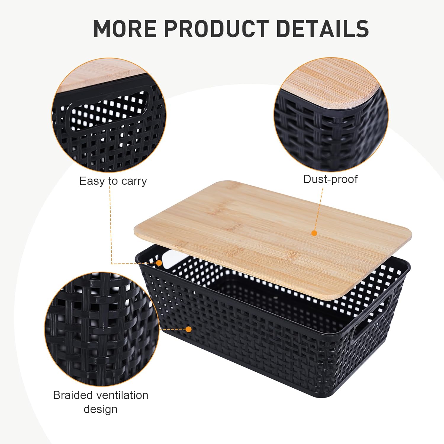 Storage Bins with Lids 6 Packs, Plastic Storage Bins with Bamboo Lids for Pantry Organization and Storage Containers for Shelves Drawers Desktop Closet Office Home, Black - Image 4