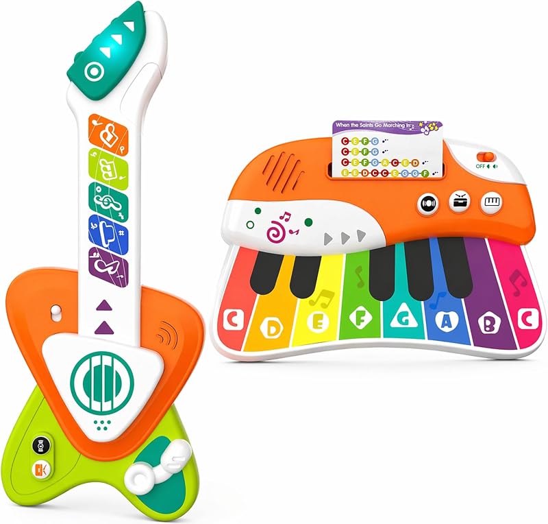 Toddler Guitar Toy, 2-in-1 Touch Guitar and Piano, Musical Toy for Ages 1-3 | Baby Musical Toy with Touch-Play Melodies, Soft Lights and Volume Control; Lightweight for Home or Travel, Birthday Gift