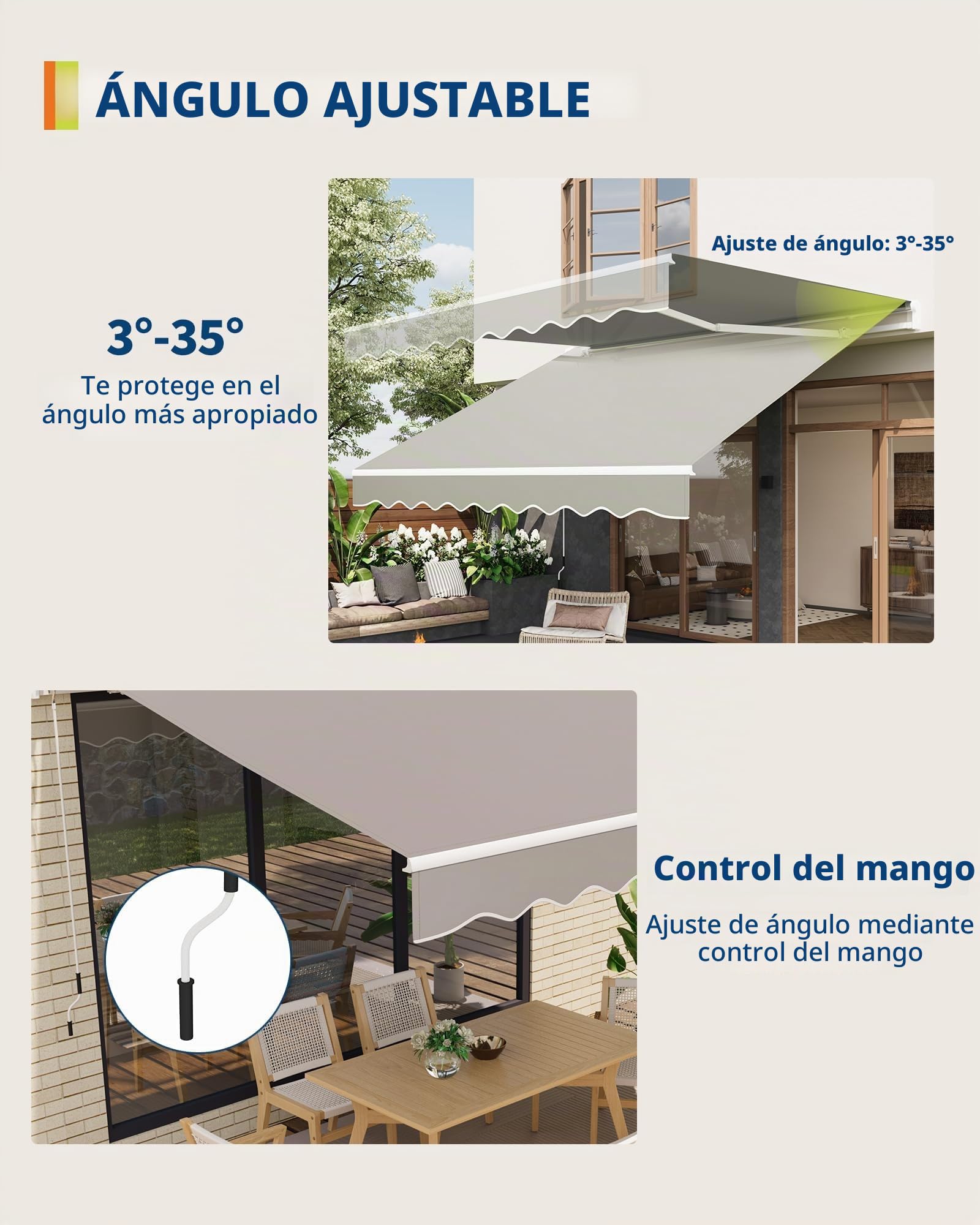Garvee Toldos Exterior Terraza Grande Retráctil 3.5m,Gris | Anti-UV, Sin Taladrar, Altura Ajustable, Soporte metálico aluminio-hierro, Resistente al viento, Terraza, Balcón, Patio