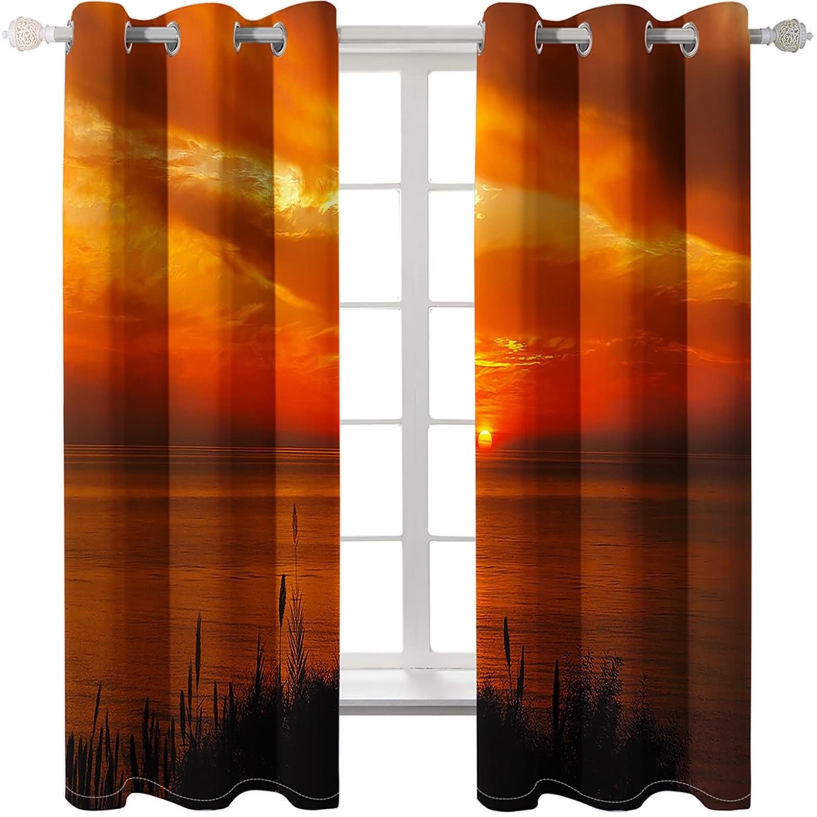 2 Pezzi Tende Blackout Oscurante,2 x 102W x 183H CM,Tenda Occhiellata Paesaggio Marino e Tramonto Tende da Salotto Marrone Arancio