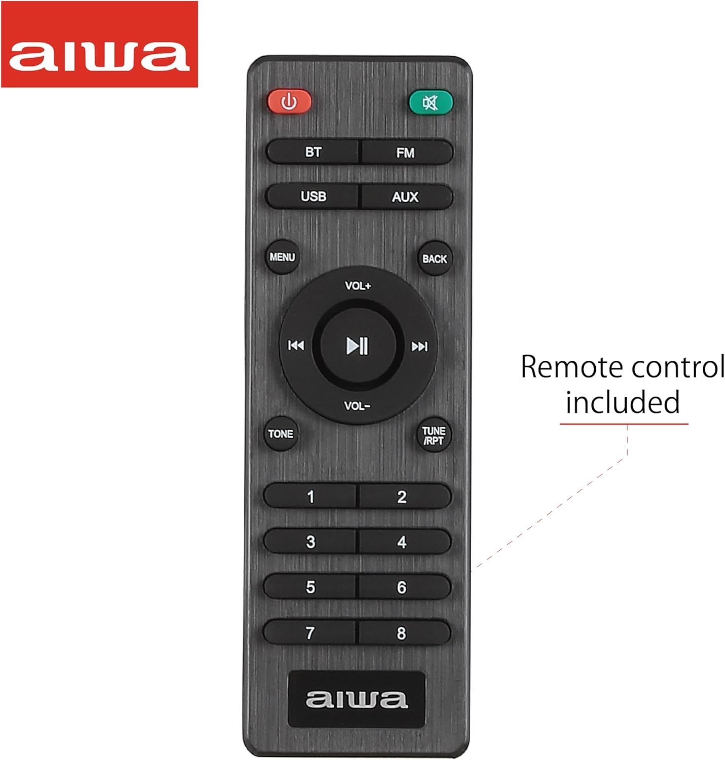 Rear view of Aiwa Exos 5 speaker showing FM antenna port, AUX input, USB port, and DC 5V power input.