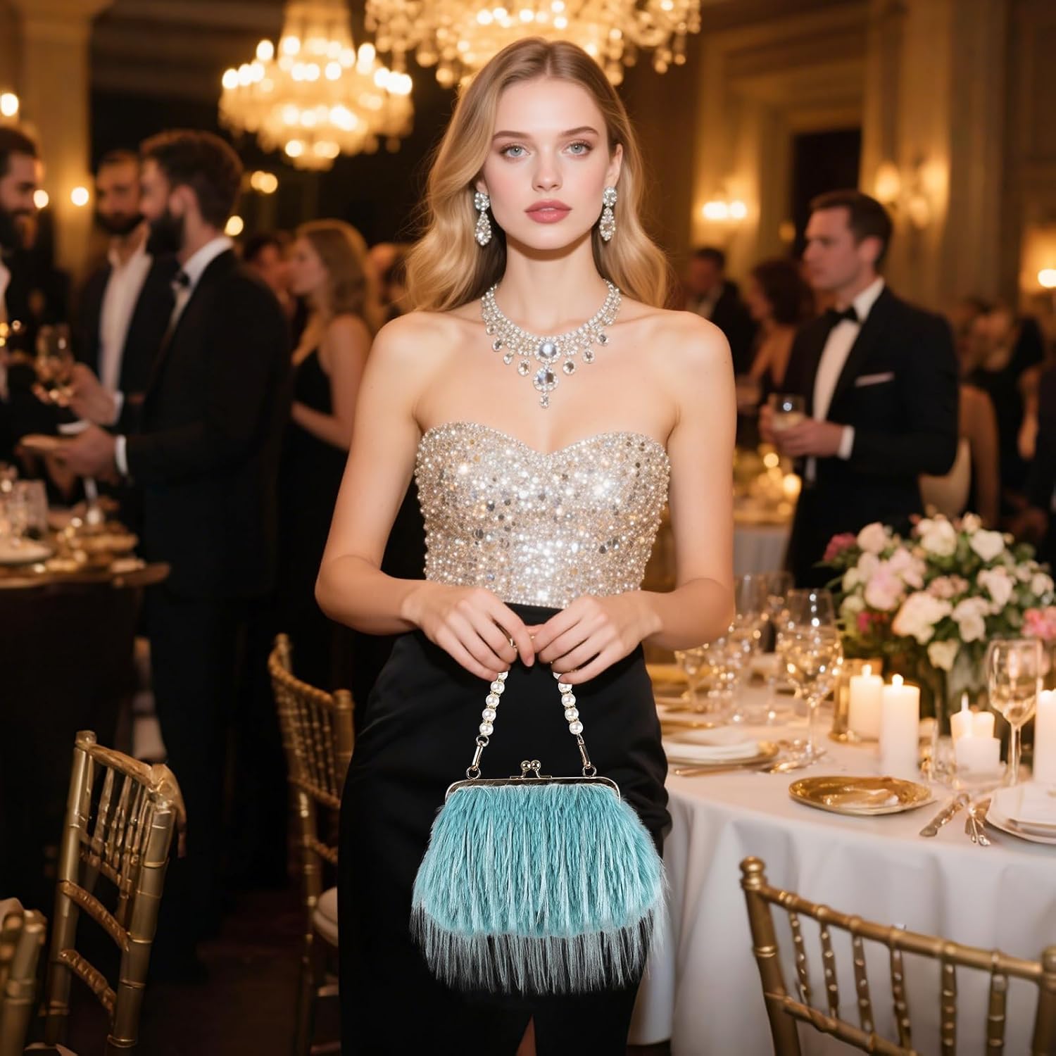 Women Clutch Purses,Fluffy Feather Evening Handbags for Wedding Party Banquet Prom Crossbody Bag - Image 2