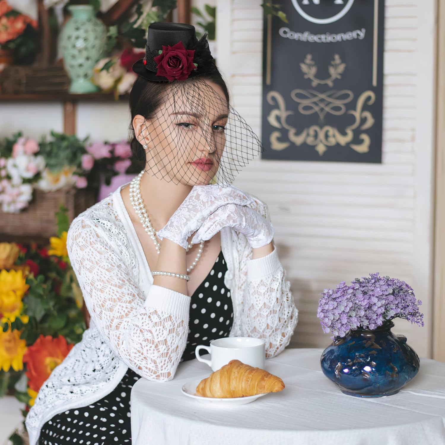 Retro Mini Top Hat with Red Rose - Veil Satin Fascinator Hair Clip for Vintage Halloween Costume & Party Hair Accessory - Image 7