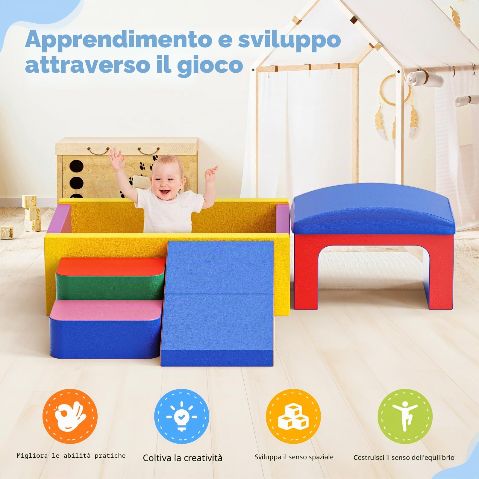 Blocchi da Arrampicata Morbidi in Schiuma con Piscina di Palline – Set da 8 Pezzi per Interni – Giocattoli Sicuri per Gattonare e Arrampicarsi Neonati e Bambini(Colore)