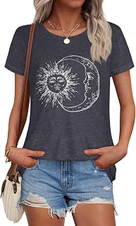 rosemia Women's Summer Short Sleeve Crewneck T-Shirts - Cute Graphic Moon Star Print, Soft Stretchy Basic Tees