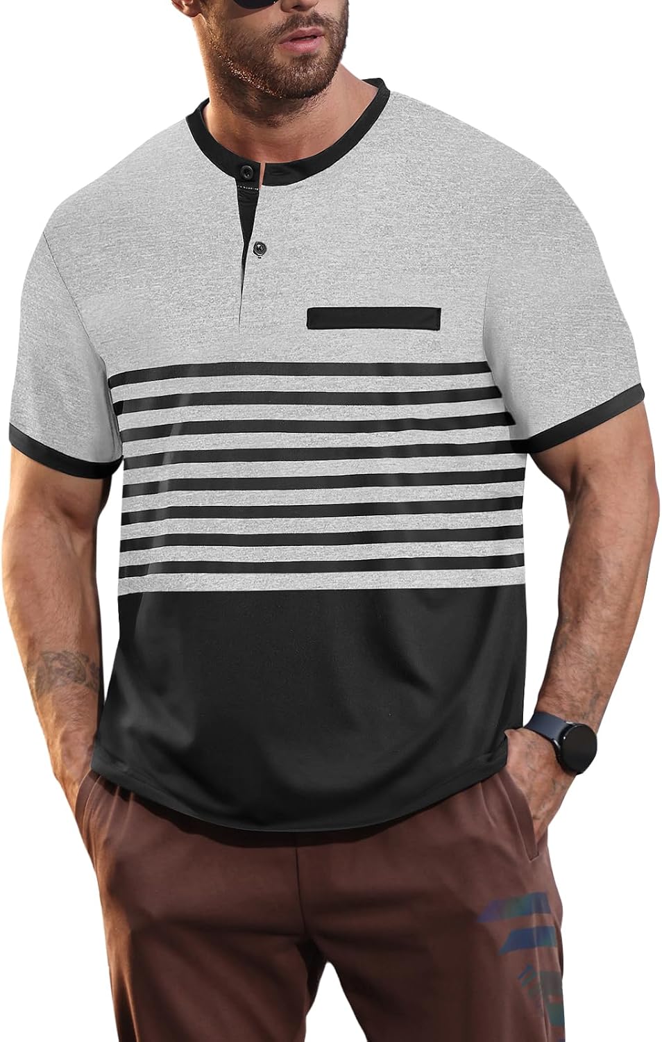 Mens T-Shirts Short Sleeve Button Casual Stylish Basic Tees Work Striped Shirts Henley Summer Lightweight Stretch Top - Image 2