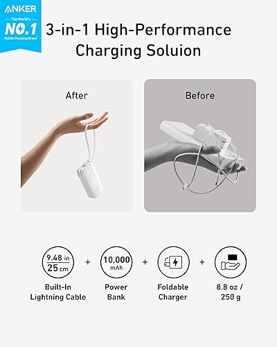 Miniatura 2 de Anker - Cargador portátil nano 3 en 1 para iPhone, 10 000 mAh, con cable USB-C integrado y enchufe de pared plegable, paquete de batería de 30 W