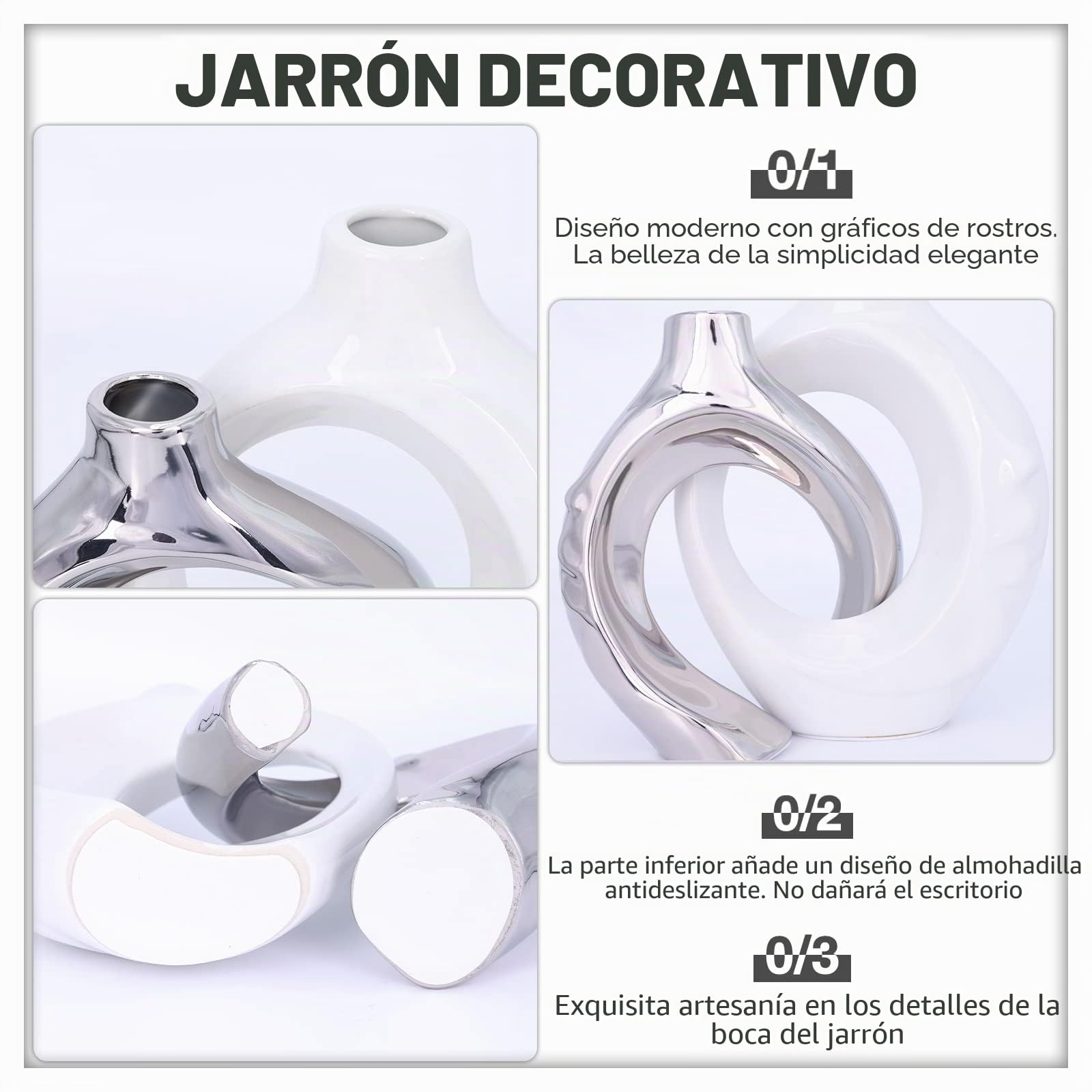 Juego de 2 jarrones de cerámica blanca y plateada, redondos de cerámica para decoración de sala de estar, estantería, chimenea, centro de mesa de comedor (blanco plateado)