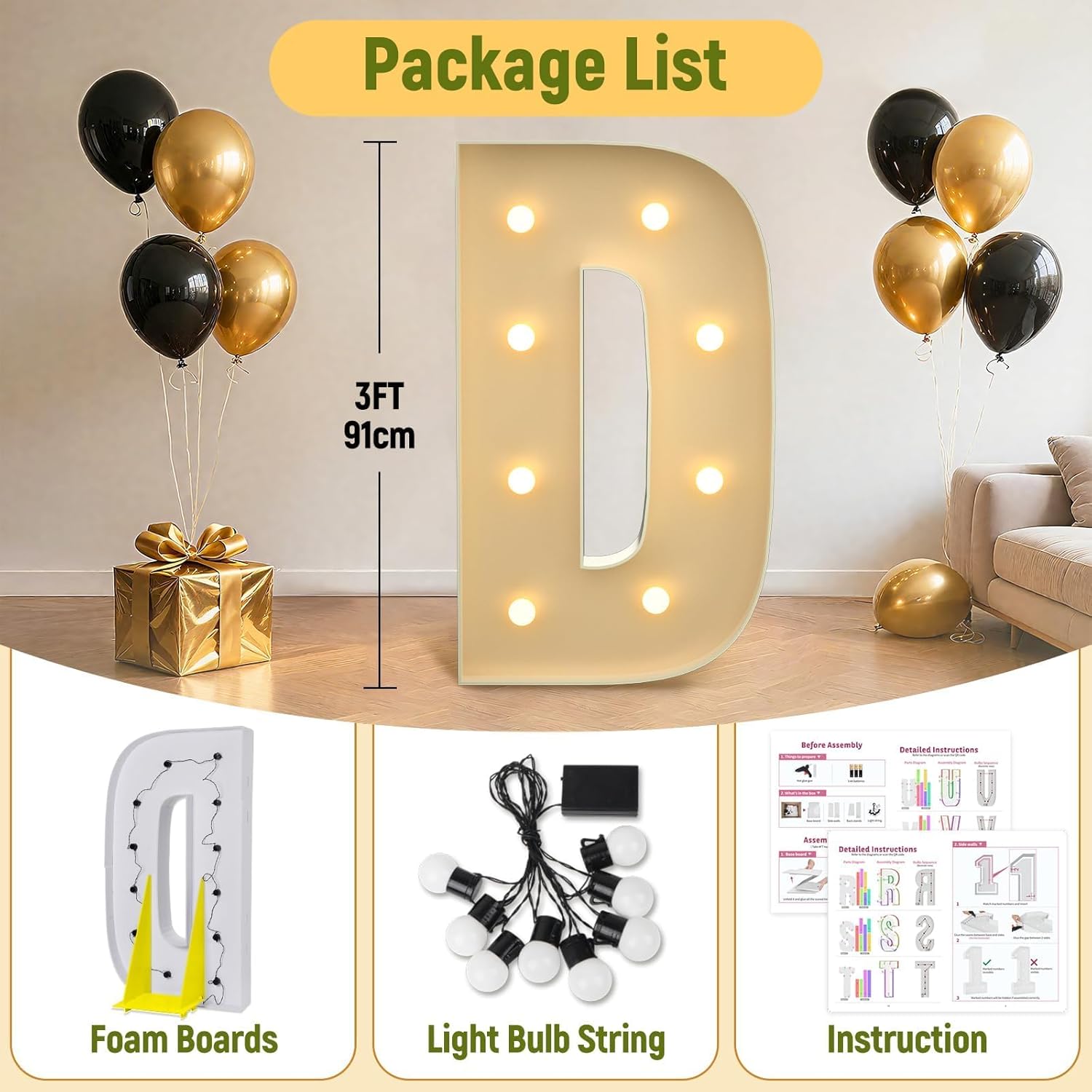 Mixifox 3FT Marquee Letters D, Large Light Up Letters 3 Feet Tall with Lights, Big Letter for Wedding, Engagement, Graduation, Birthday Party Decorations, Pre-Cut Foam Board Kit - Image 2