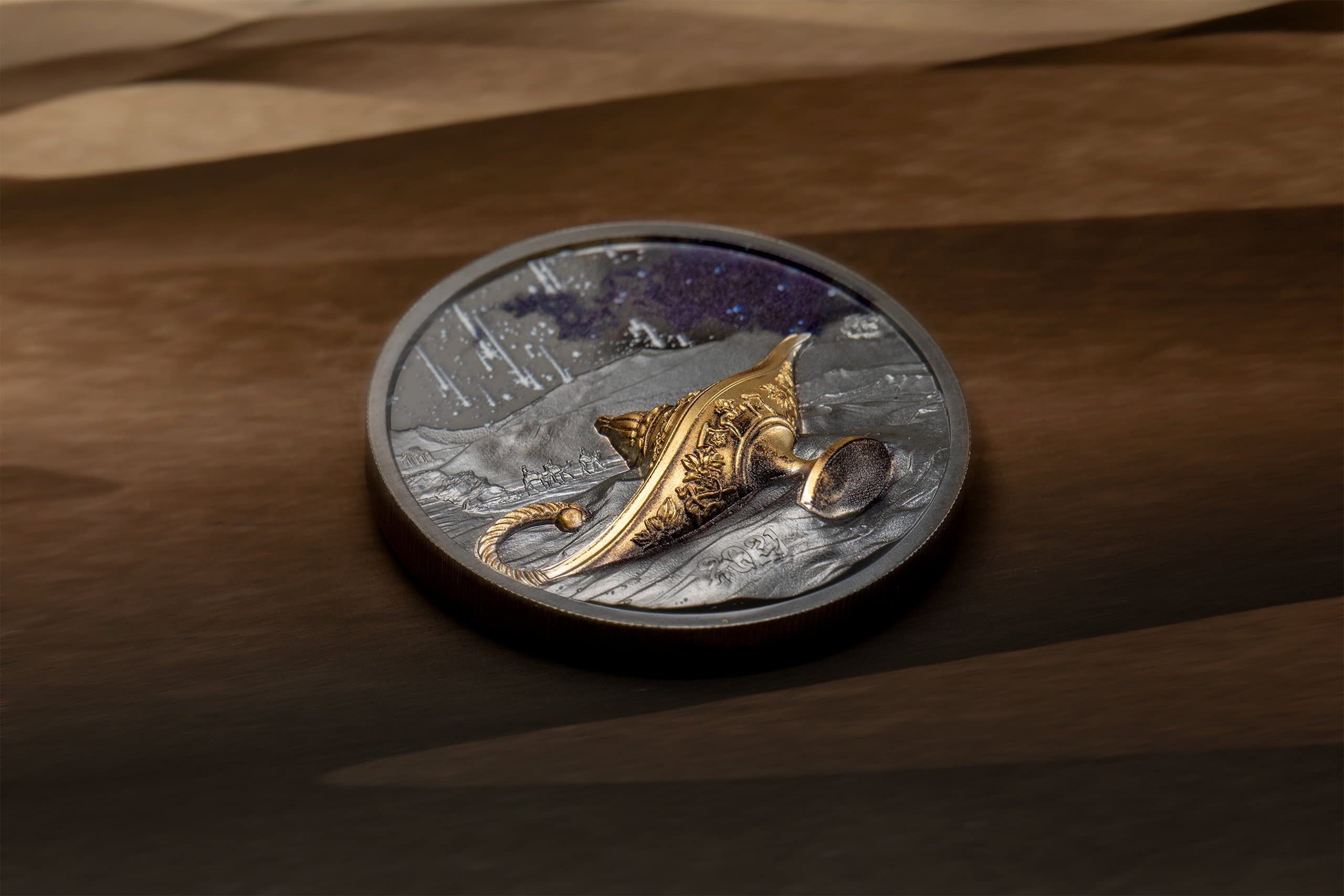 IMPACTO COLECCIONABLES Moneda Magical Lamp 1001 Nights – Las 1001 Noches 1 Oz Plata Pura. Palau 2021 Edición Limitada con Certificado numerado
