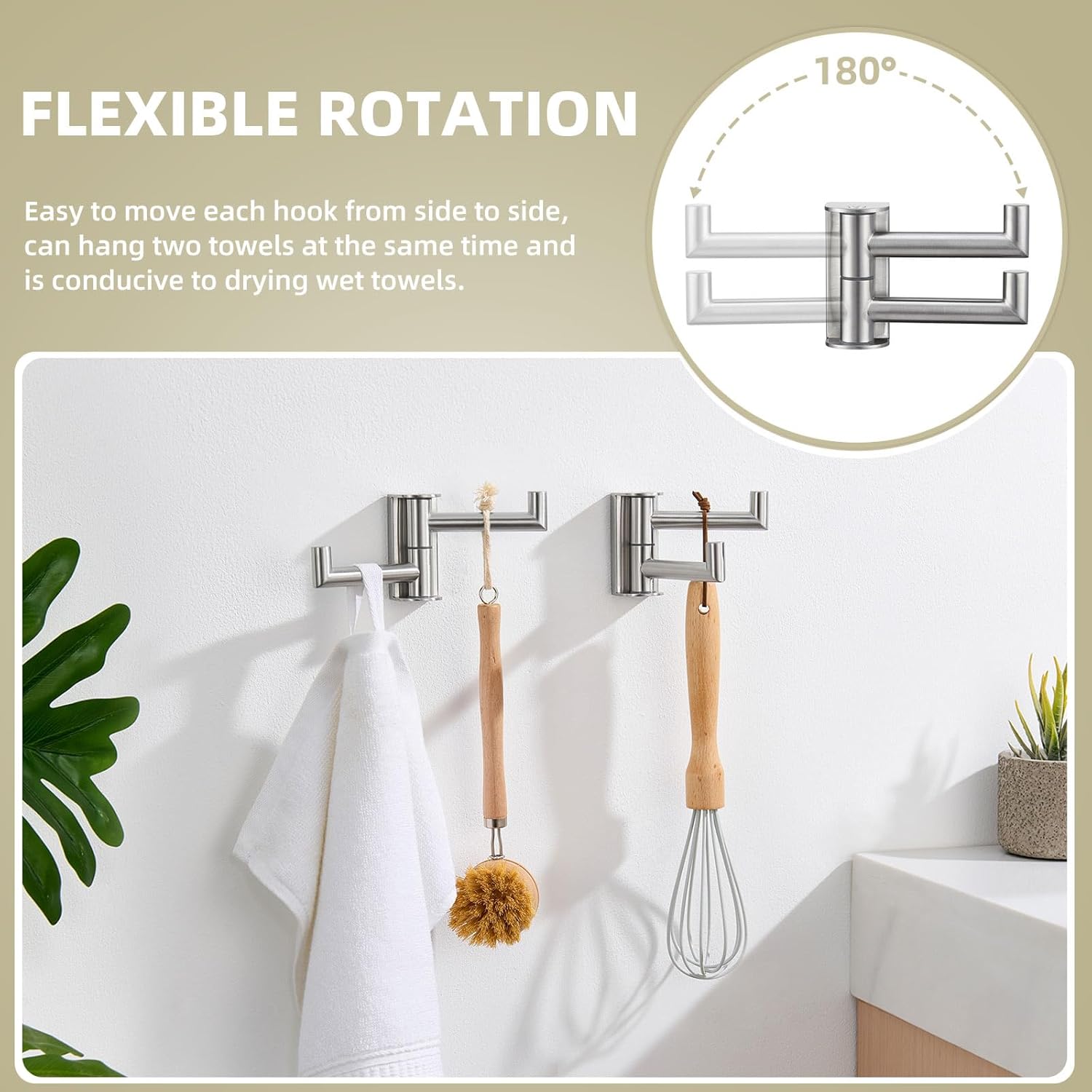 Suyar Brushed Nickel Double Towel Hook, SUS304 Stainless Steel Swivel Wall Hook with 2 Arms, Foldable Robe Coat Hanger for Bathroom, 2 Pack