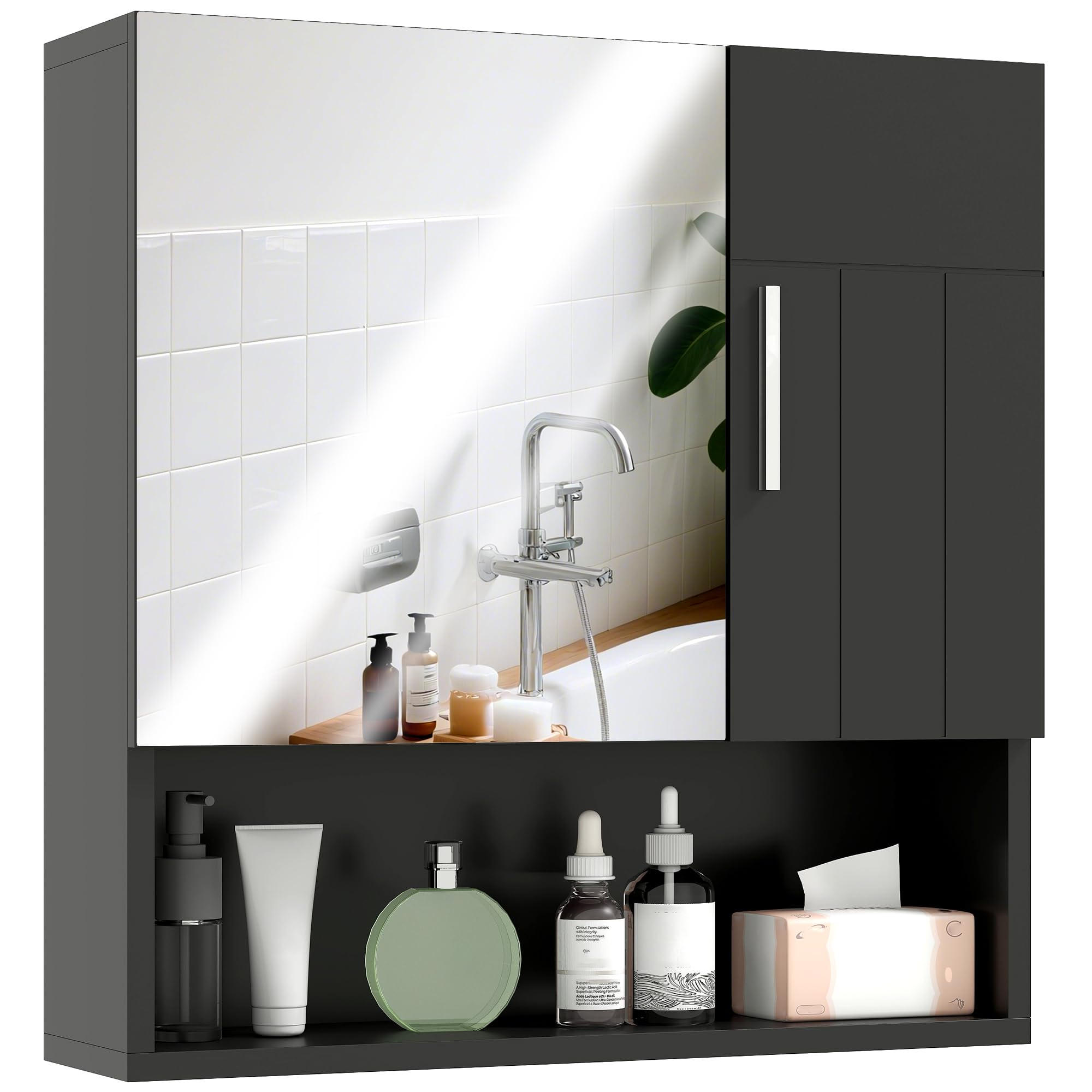 kleankin Espejo de baño con estantes ajustables 54x15.2x55.3cm Negro | Armario espejo de baño con almacenamiento, 2 puertas, estante abierto, madera y vidrio.