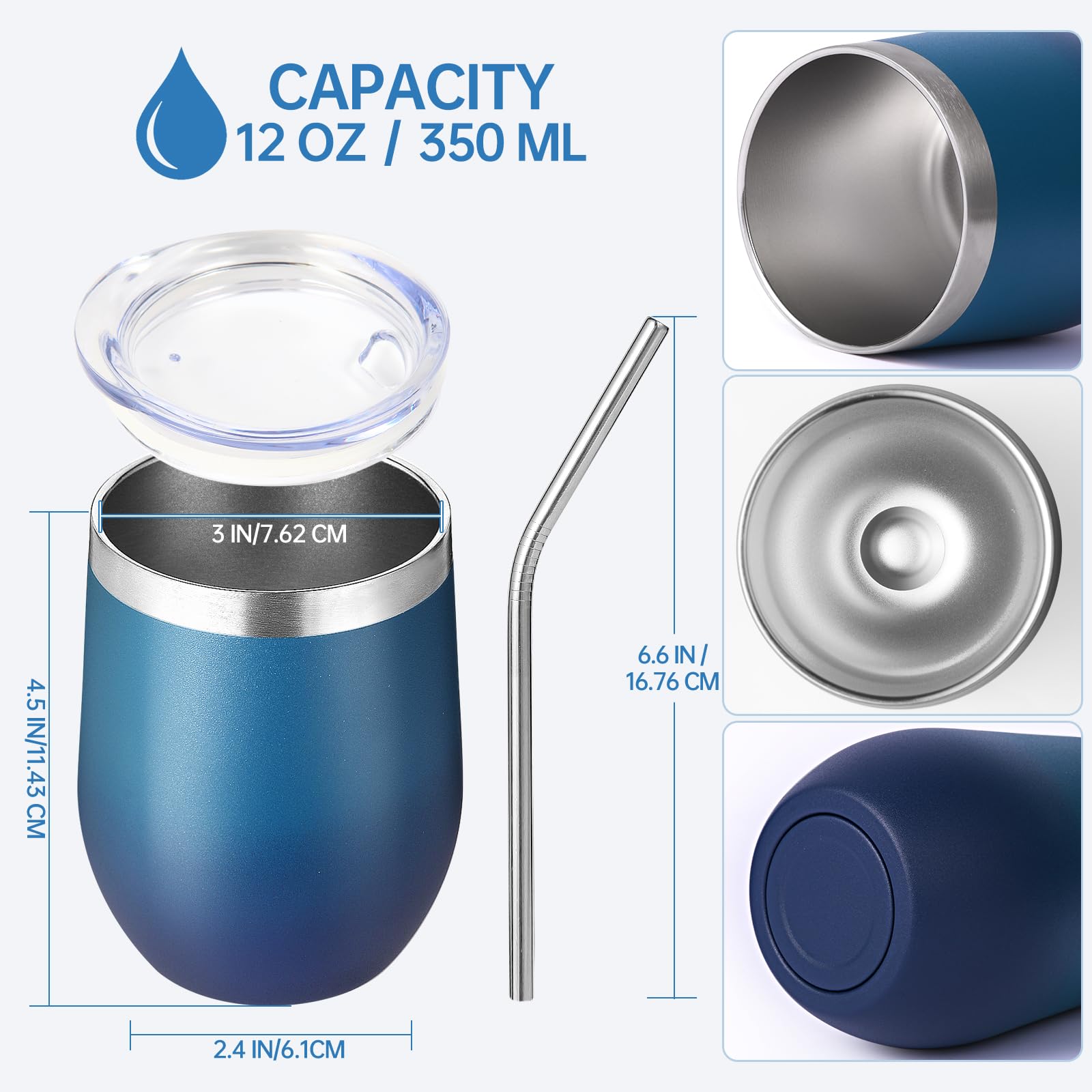 Volhoply 12oz Stainless Steel Wine Tumbler with Lid and Straw,350ml Double Wall Vacuum Insulated Stemless Wine Glasses,Travel Coffee Mug for Cold Drinks,Tumblers Gifts for Women(Dark Night,1 Set) - Image 2