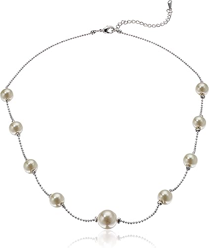 Crystalline Azuria Collar de hilo con perlas blancas de imitación chapado en oro blanco o rosa de 18 quilates para mujer