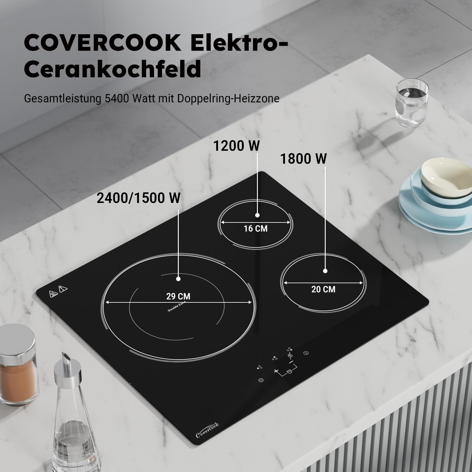Plaque de Cuisson Vitrocéramique 3 feux cuisinière 60 cm puissance totale 5400W avec commandes tactiles sécurité intégrée timer électronique pour cuisson précise et flexibilité de cuisine, Noir