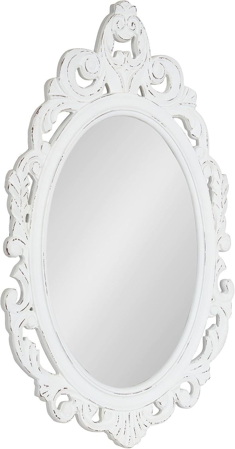 Kate and Laurel Pietra Traditional Decorative Oval Wall Mirror, 20 x 32, White, Soft Vintage Mirror with Ornate Carved Detailing for Small Powder Room Vanity