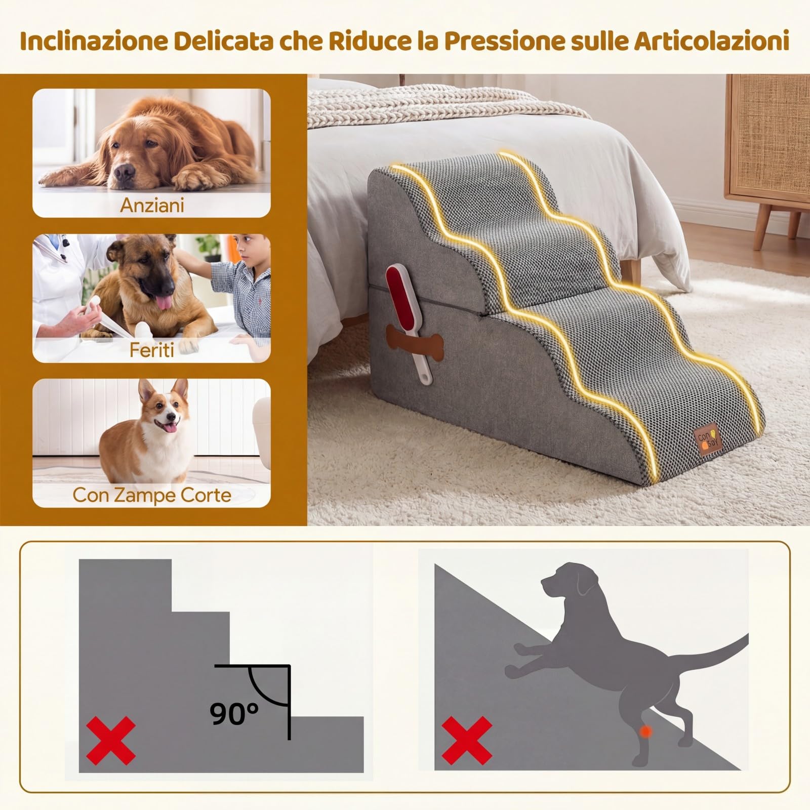 COSTWAY Scaletta per Cani a 4 Gradini Altezza 50 cm, Scala Cane in Spugna per Salire Letti Alti, Divani e Poltrone con Fondo Antiscivolo, Copertura Lavabile, Scala per Cani e Gatti (73 x 40,5 x 50 cm)