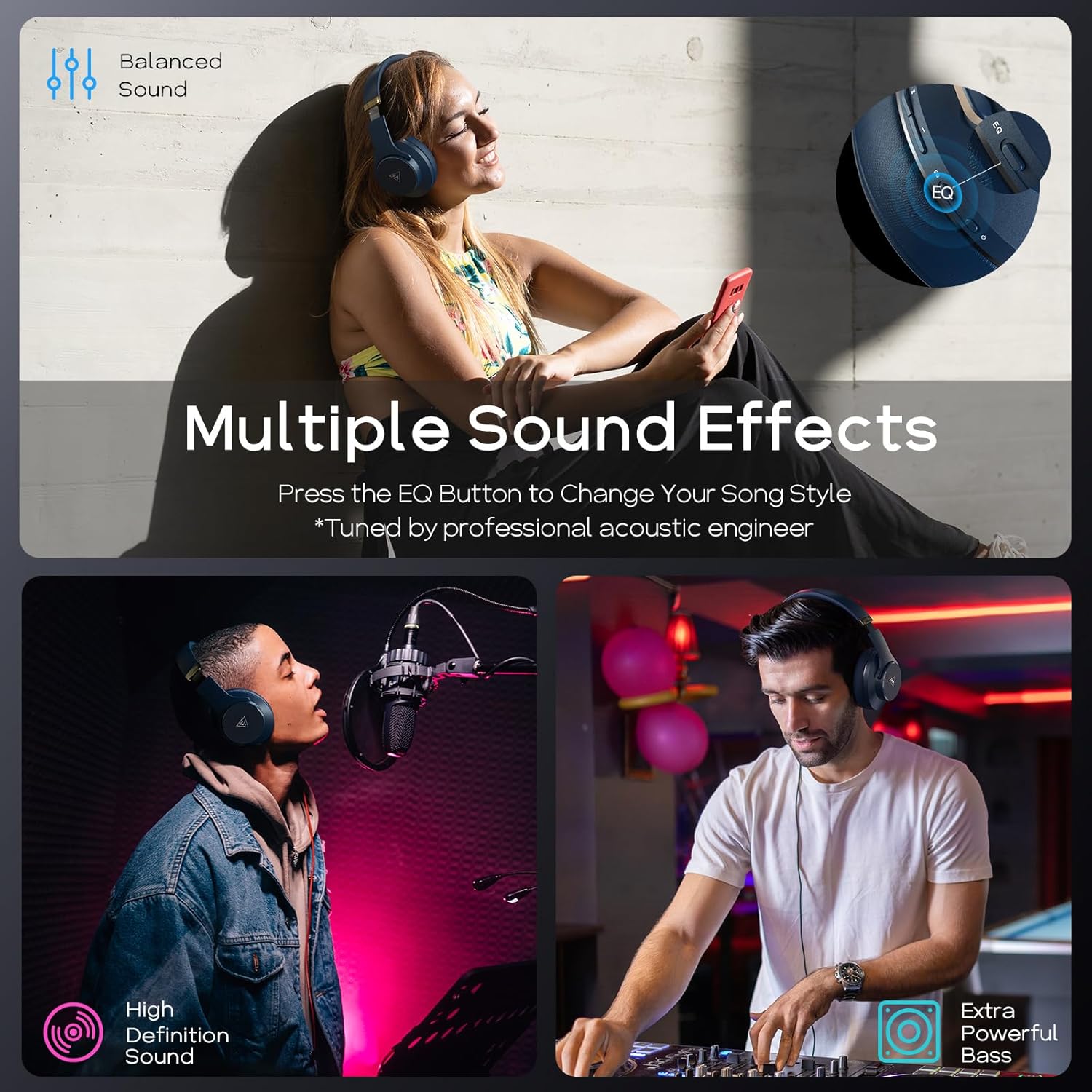 DOQAUS Bluetooth Headphones Over Ear Wireless Headphone, 90H Playtime and 3EQ Modes with Mic, HiFi Stereo Sound, Deep Bass, Memory Foam Cups, for Phone PC Travel Home Office Navy Blue-Matte Textures image 3 of 9 B0D8QCWS7Q