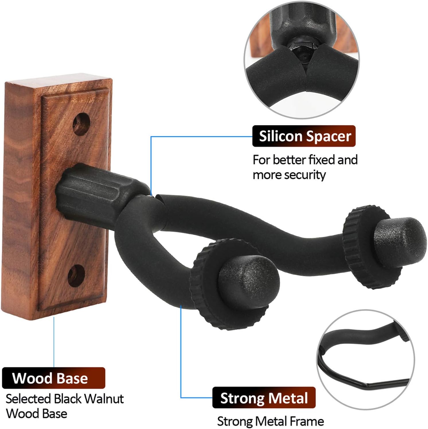 WINGO Guitar Wall Mounts 2 Pack, Guitar Wall Hanger Holder Stand for Acoustic Electric Guitar Bass Ukulele – Black Walnut Woodbase
