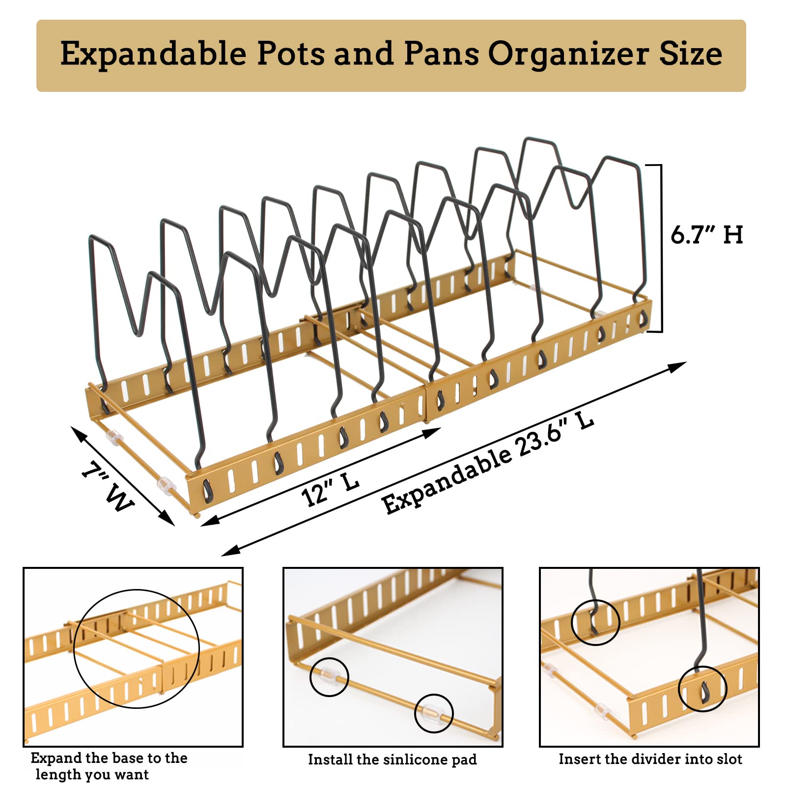 WANLIAN Expandable Pots and Pans Organizer for Under Cabinet, Kitchen Pot Lid Organizer Holder with 10 Adjustable Compartment, Bakeware Organizer Rack for Cabinet, Cookie Sheet, Cutting Board (Gold)