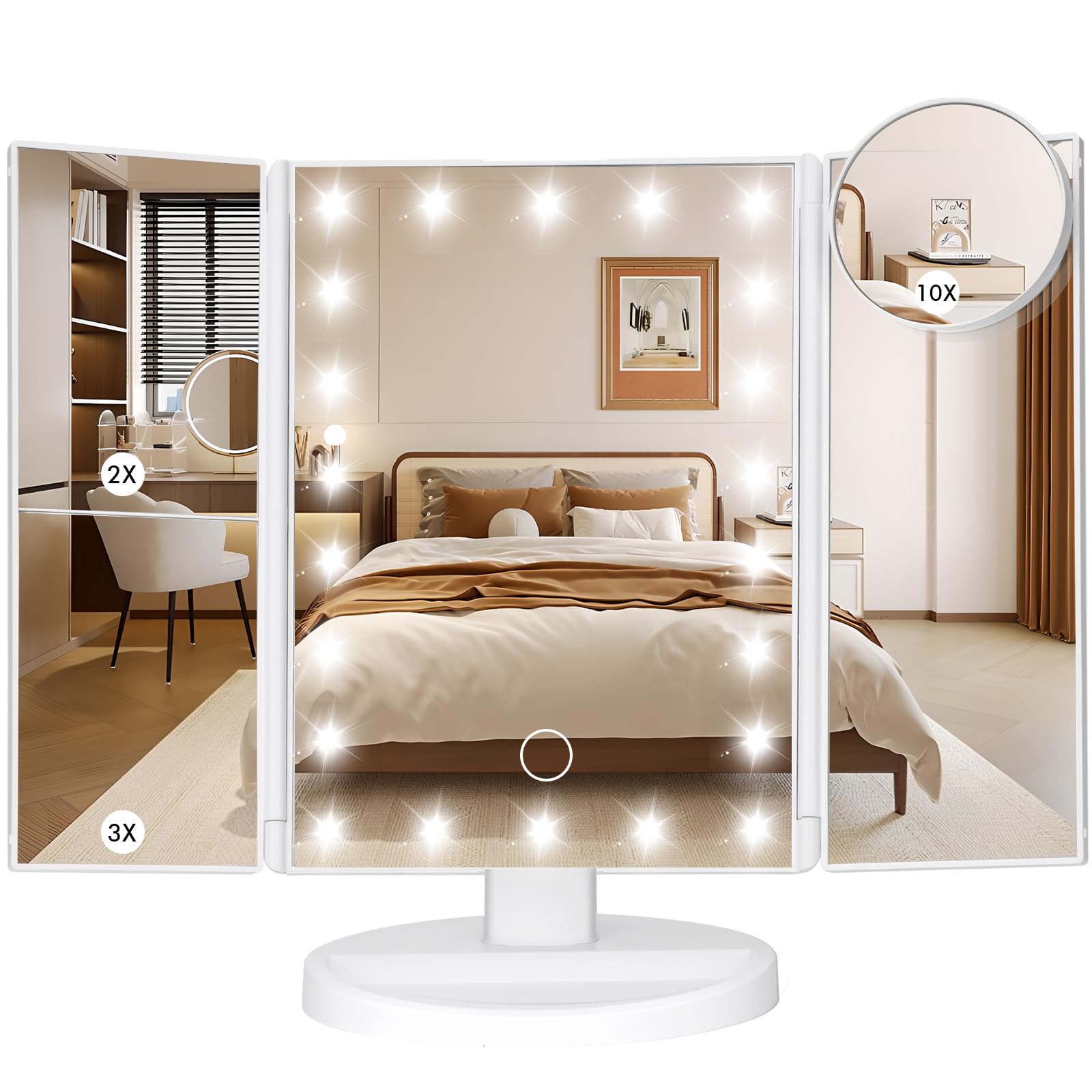 Makeup Mirror Vanity Mirror with Lights, Bathroom Adjustable Brightness Mirrors 1X/2X/3X/10X Magnification and Touch Screen Trifold Makeup Mirror Two Power Supply Modes Women Gift White-image-36