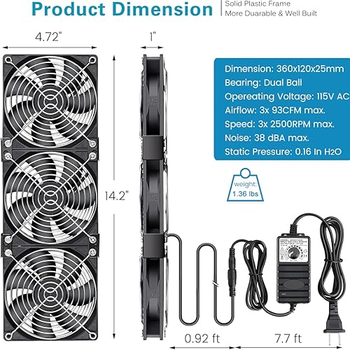 Miniatura 6 de GDSTIME Ventiladores Big Airflow de 0.118 x 4.724 in DC 12V con control de velocidad de CA 110V - 240V, ventilador de enfriamiento de chasis de