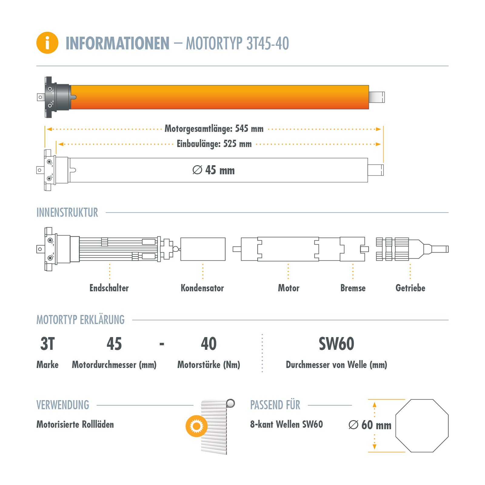 3T-MOTORS Rollladenmotor mit Zeitschaltuhr 3TimeTronic, 3T45-40 (Zugkraft 40 Nm/80 kg) für 60 mm 8kant Rollladenwelle (SW60), mit mechanischen Endschaltern, einfache Montage, Rollladenantrieb