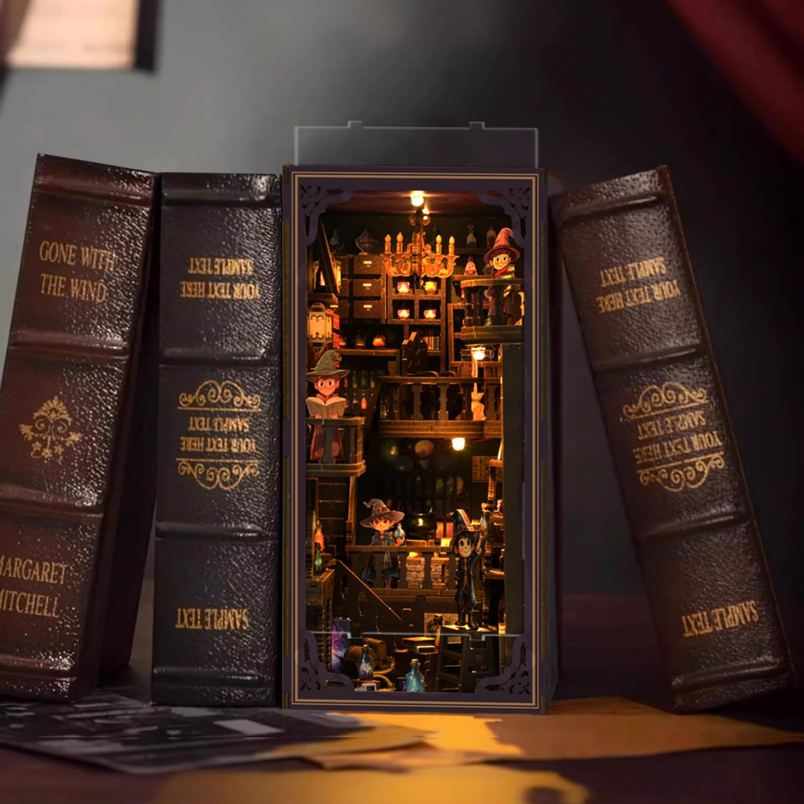 Book Nook Kit, DIY Miniature Dolls House Kit with Furniture and LED Light, 3D Puzzle Wooden Art Bookends - Image 4