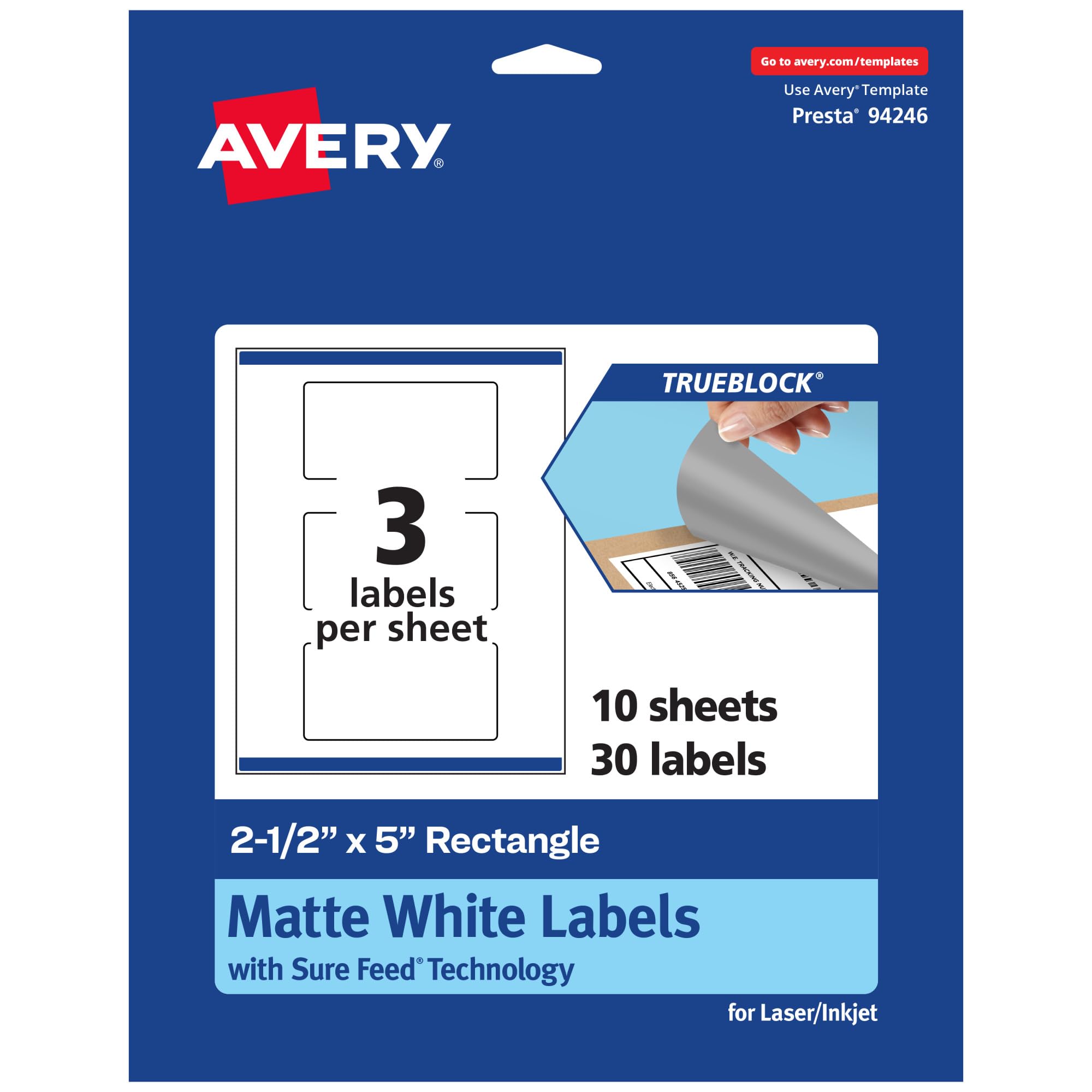 Photo 1 of Avery® TrueBlock® Matte White Rectangle Labels, Sure Feed® Technology, 2.5" x 5", 30 Matte White Labels, Print-to-The-Edge, Laser/Inkjet Printable, Great for Packaging and Product Merchandising