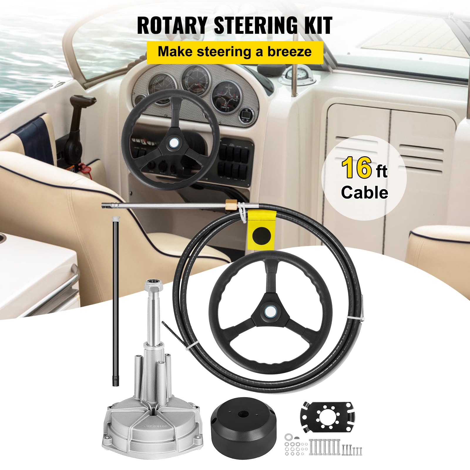Happybuy Marine Steering Kit, 16ft Cable with 13in Wheel for Boats, Durable Outboard Steering Option
