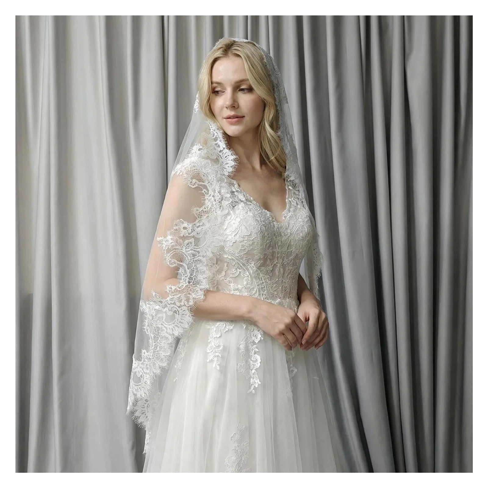Schleier mit Wimpernspitze, einstöckig, 1 m/1,5 m/2 m, Hochzeit, mit verstecktem Kamm, elfenbeinfarben, Brautschleier(Ivory 150cm long)