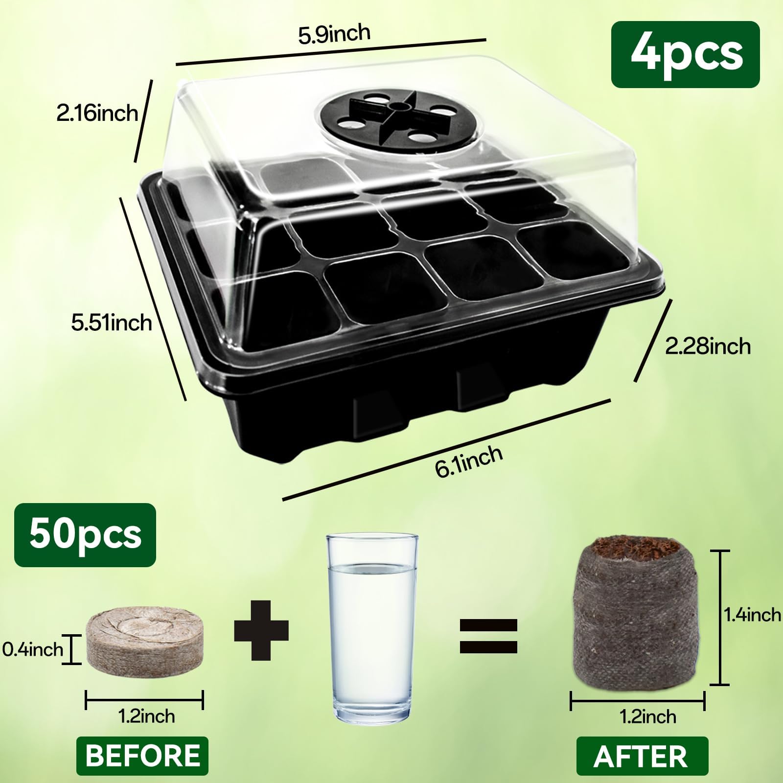 Juego de iniciación de semillas para plántulas, 50 pellets de turba y 48 celdas, mini bandejas de iniciación de plántulas de jardín con cúpula de humedad ventilada para plantas, flores y verduras