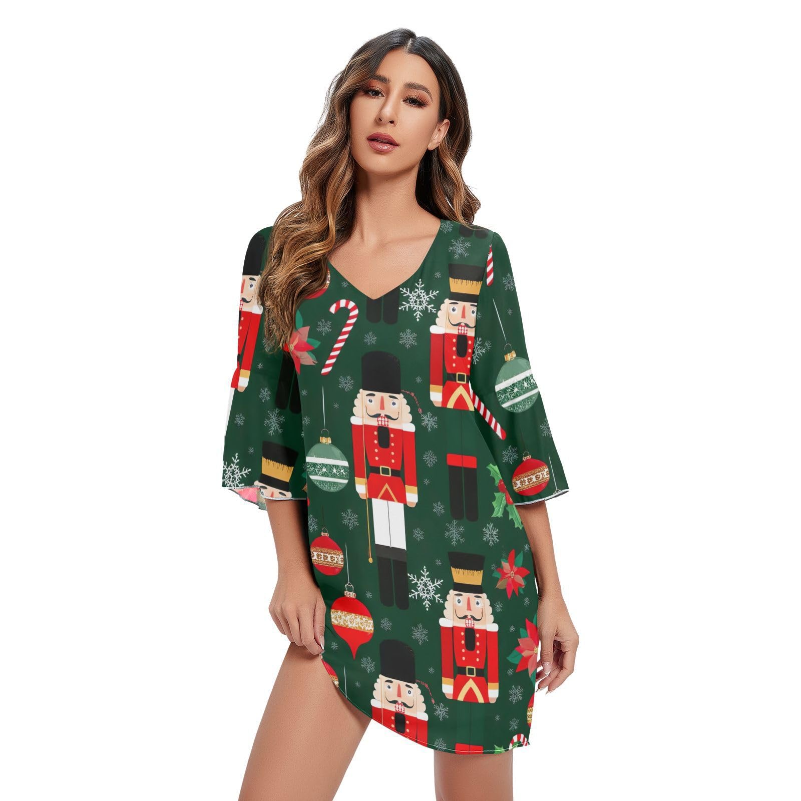 Robe d'été en mousseline col V : le confort fluide vert de Noël - 7