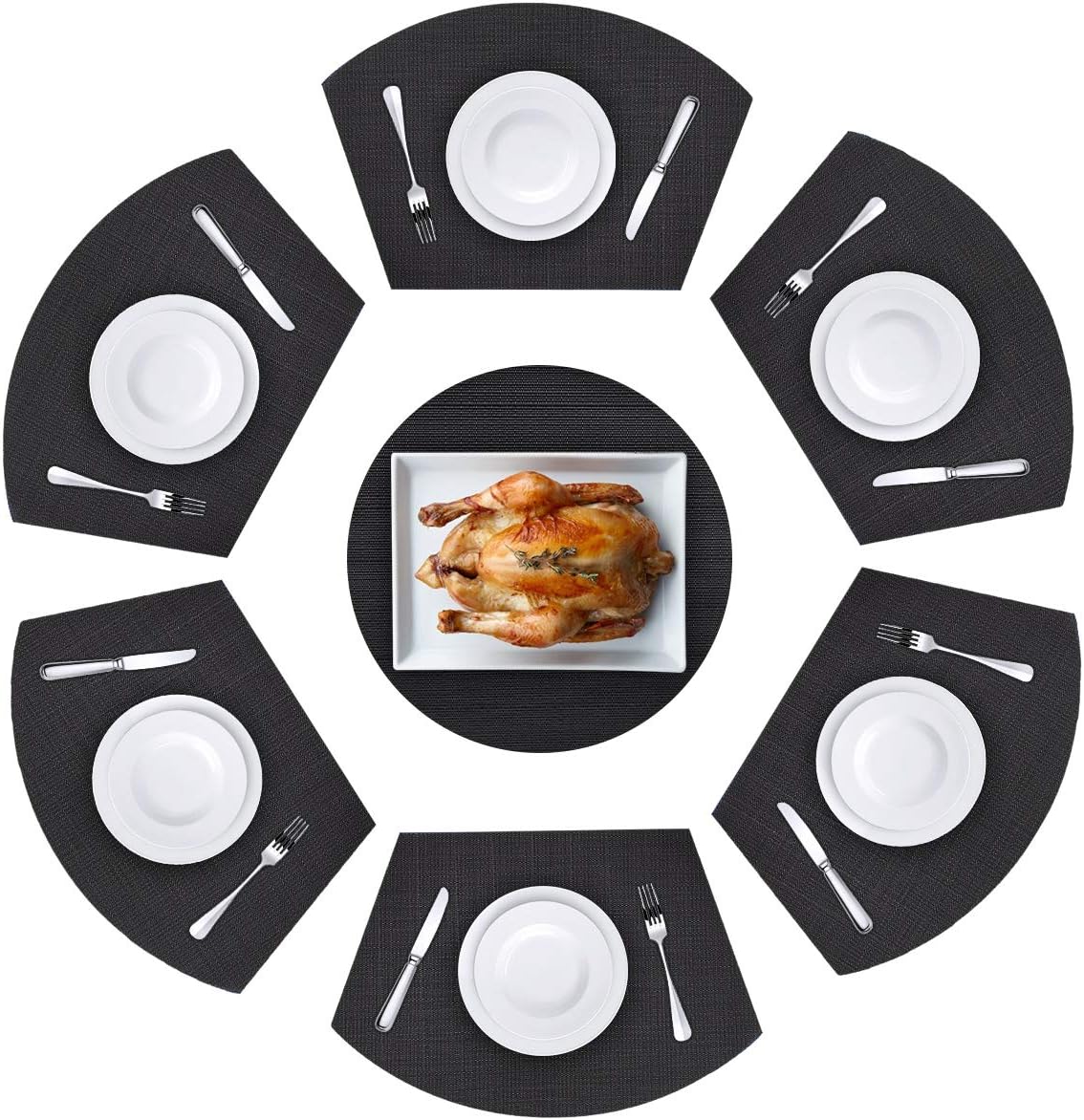 Viomir Round Table Placemats Set of 7 Wedge Placemats Heat Resistant Round Table Mats Wipe Clean (Black)