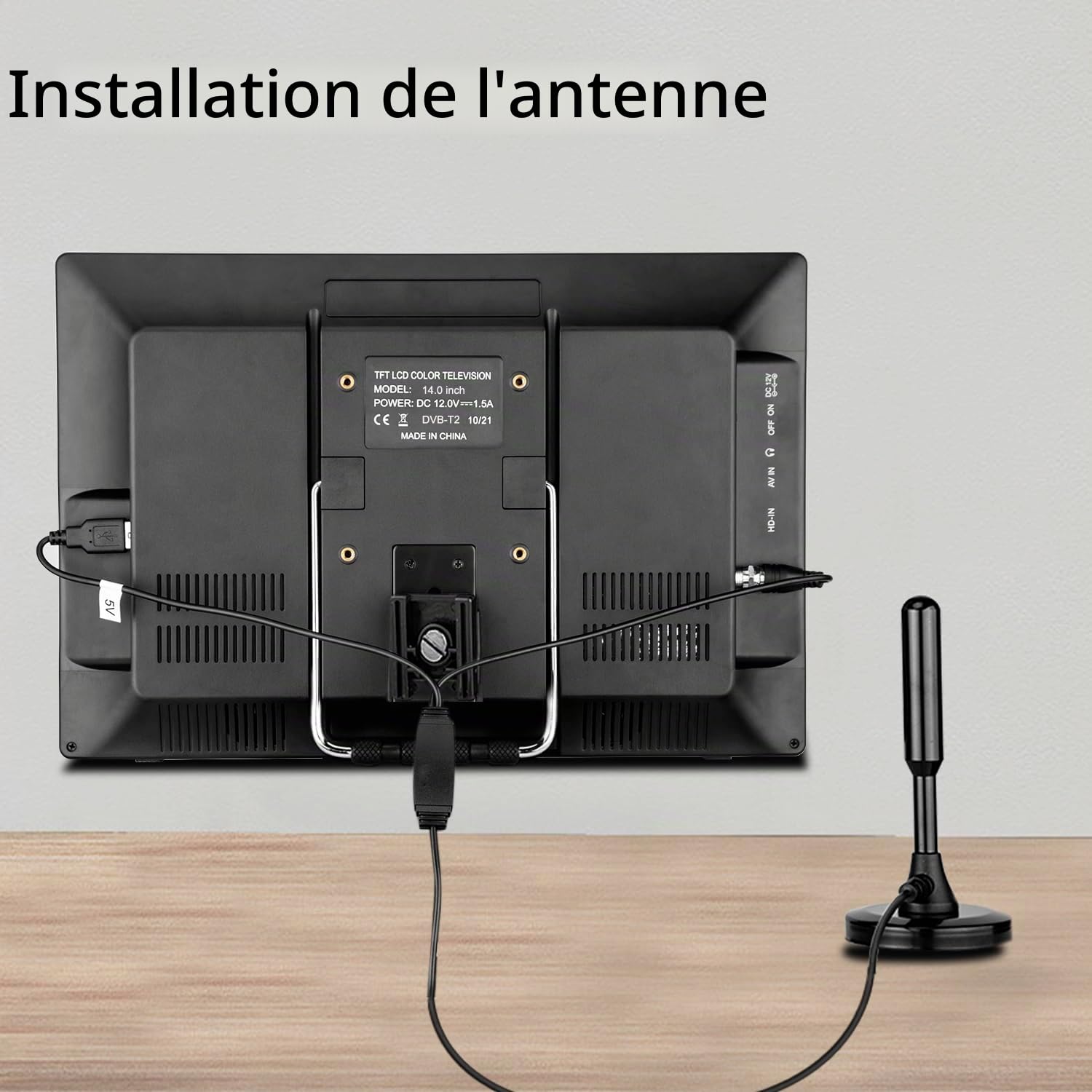 SOYAR TV numérique Portable DVB-T2, LCD 14,0 Pouces, Batterie Rechargeable, Mini TV freeview, Prise USB, télécommande, entrée AV, HDMI-in.