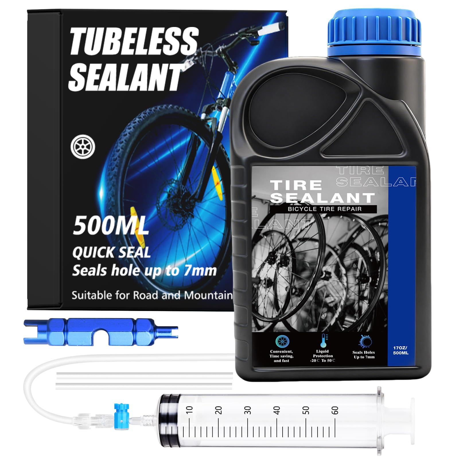 Scalnuvyyh Tubeless Tyre Sealant, 500ml Tubeless Sealant Fast Seals Air Holes Up to 7 mm, Long-lasting Tyre sealant with Tubeless Sealant Injector Suitable for Mountain Bike and Road Bike Tires