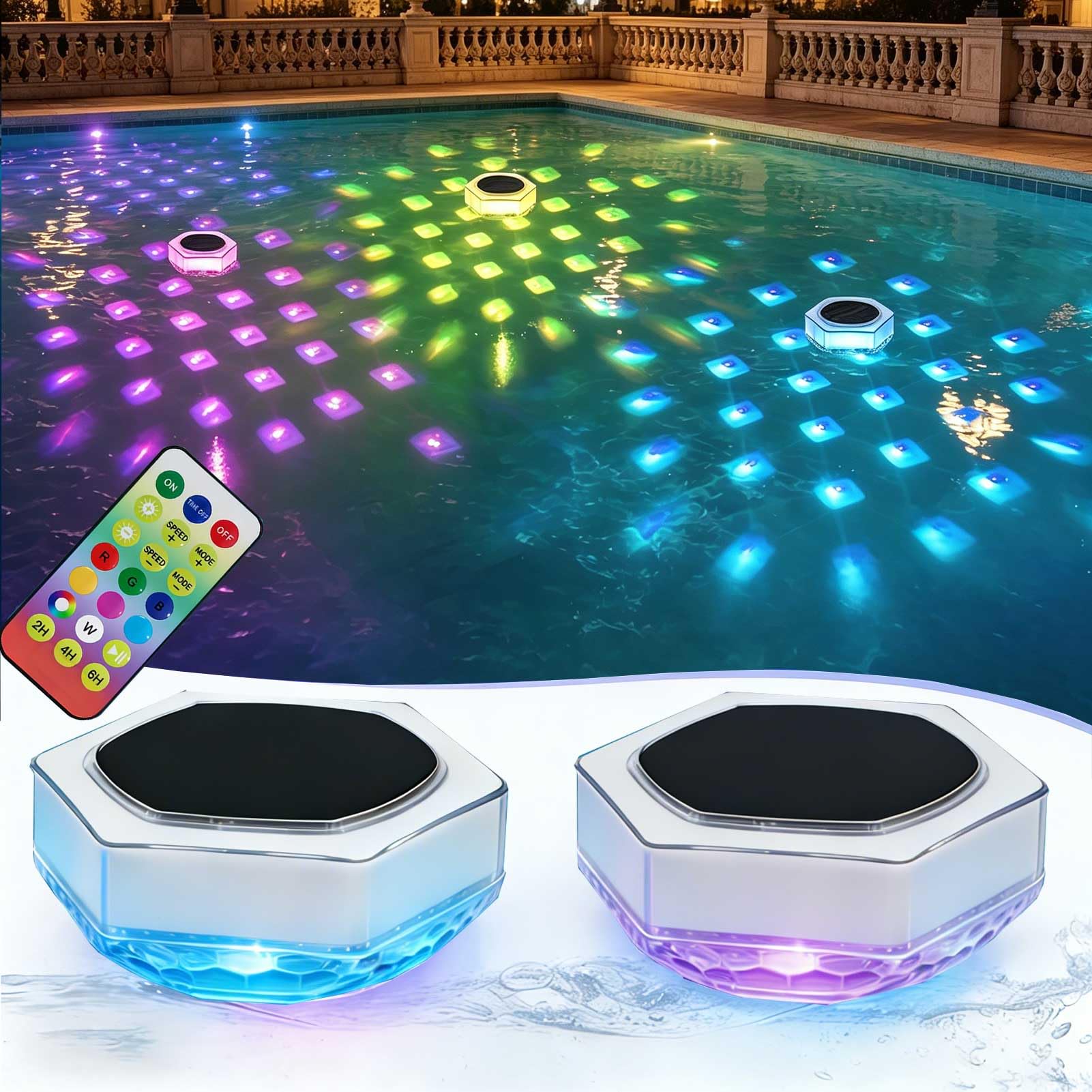 Cozymeow Lumiere Piscine Lampe avec Télécommande, Lampe Piscine LED Etanche Flottante Hors Sol 7 Couleurs 3 Modes IP68 Étanche, Boule Lumineuse Piscine Solaire pour Étang Spa Jardin Fête, 2 Pièces - 2