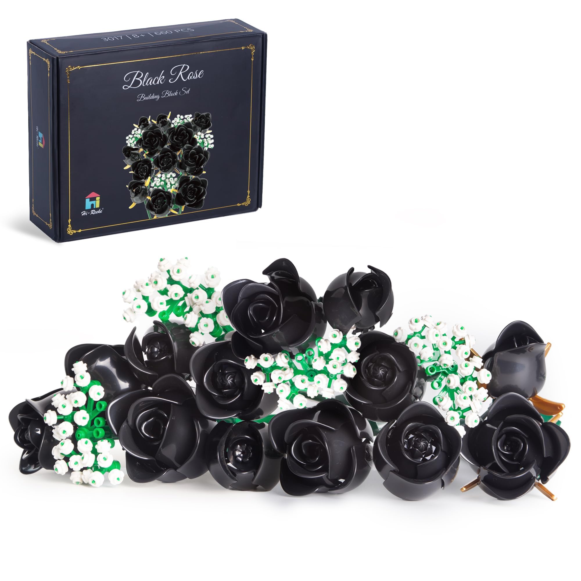 HI-REEKE Black Rose Bouquet Building Block Set, Artificial Rose Flower Botanical Building Kit Toy Gothic Decor for Women-660PCS