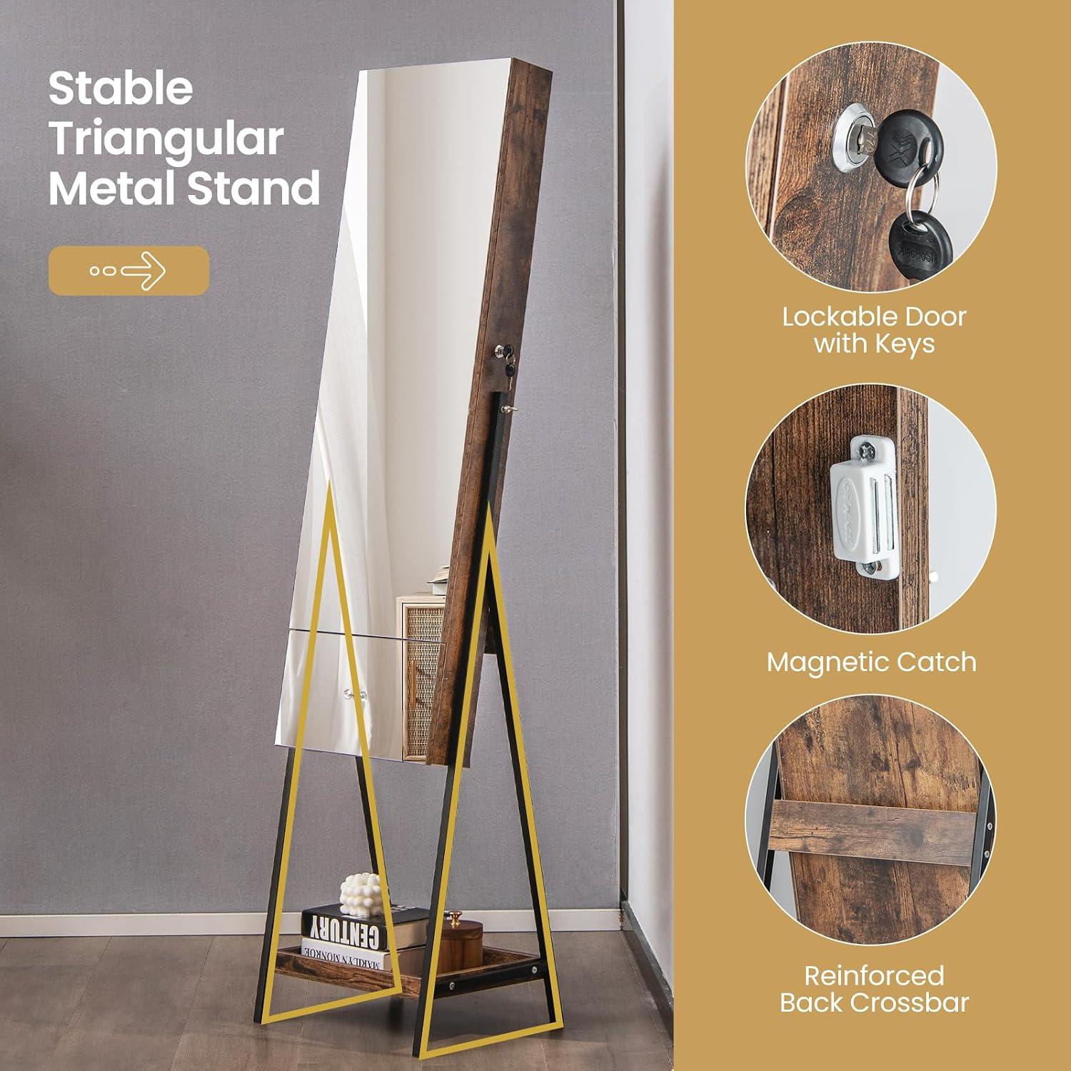 GOFLAME Standing Jewelry Cabinet Armoire, 65" Lockable Jewelry Storage Organizer with Full-Length Mirror, Inner Makeup Mirror with 3-Color LED Lights, Foldable Makeup Shelf, Bottom Shelf, Rustic Brown