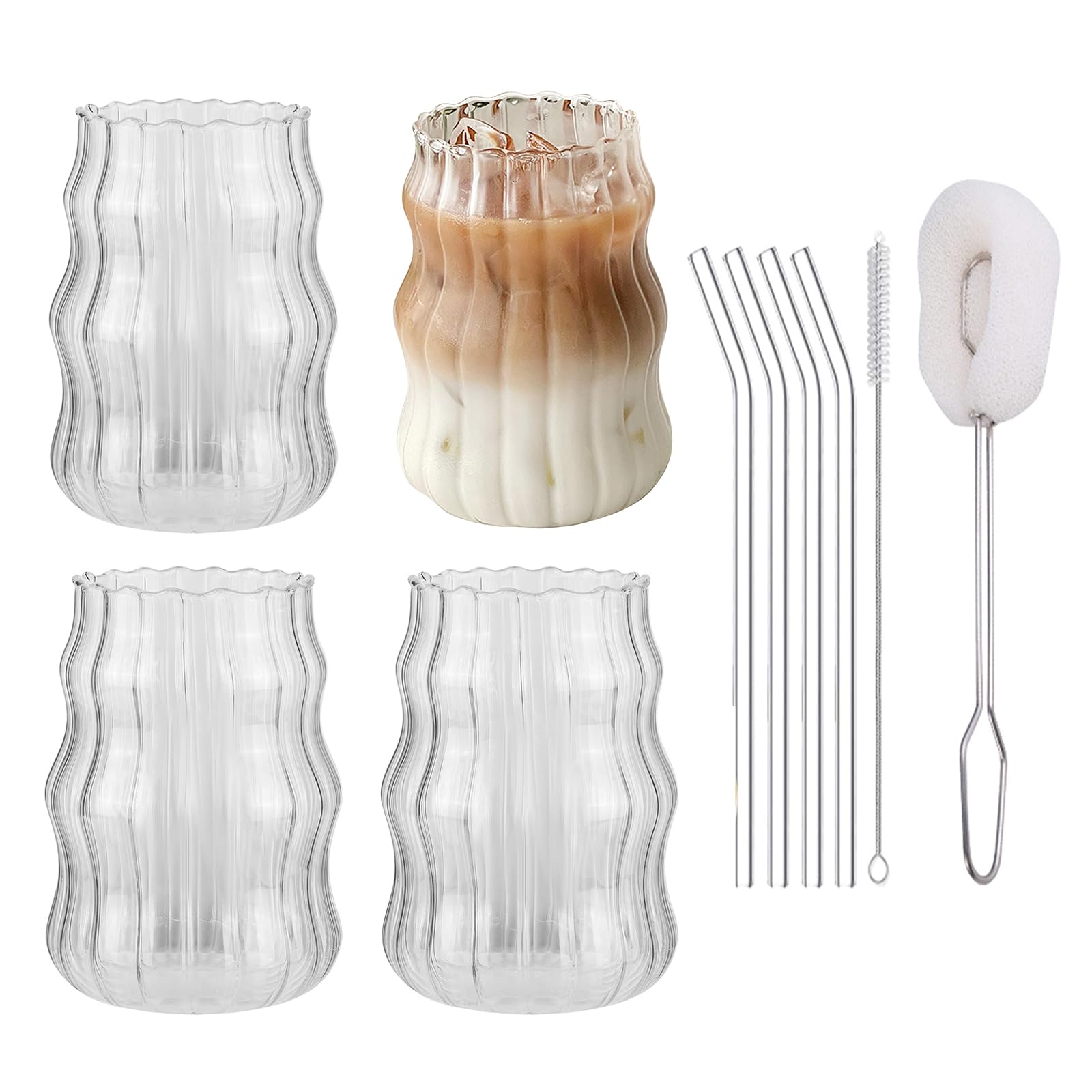 Verres nervurés avec paille et couvercle | Lot de tasses à café glacé vintage vagues