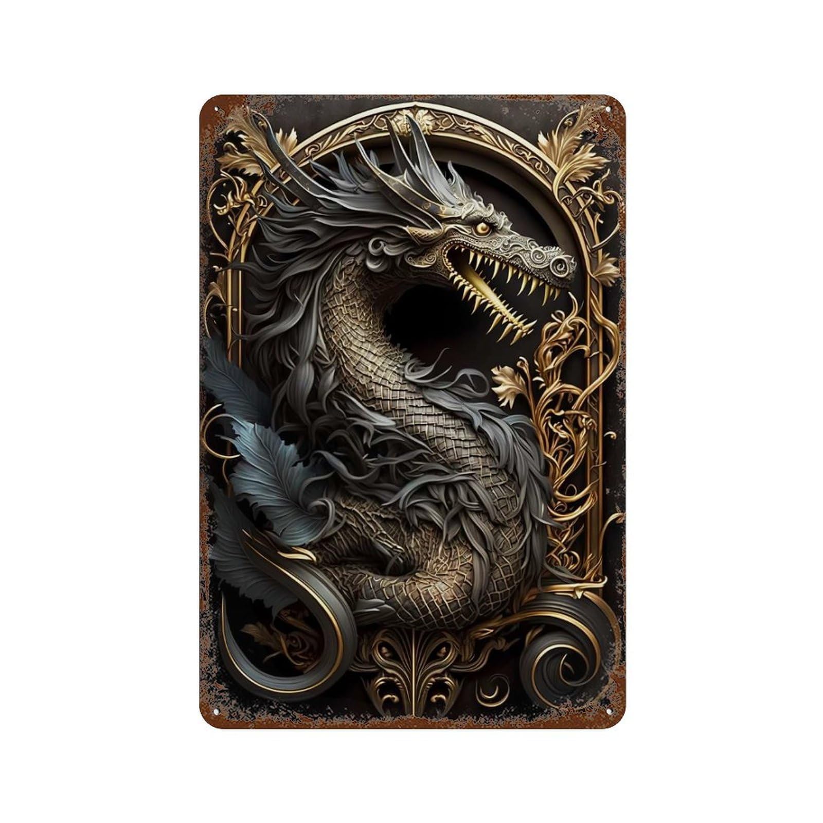 Legendary Dragon Art Deco Aged Metal Wall Plaque 11.8"x7.9", for Office, Studio And Wall Decor, Novelty Wall Decor