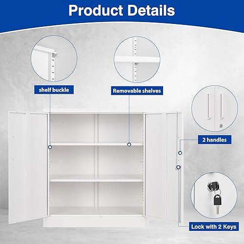 Miniatura 7 de Armario de almacenamiento de metal con cerradura de acero para oficina con puertas, gabinete de almacenamiento de gran capacidad con 2 estantes