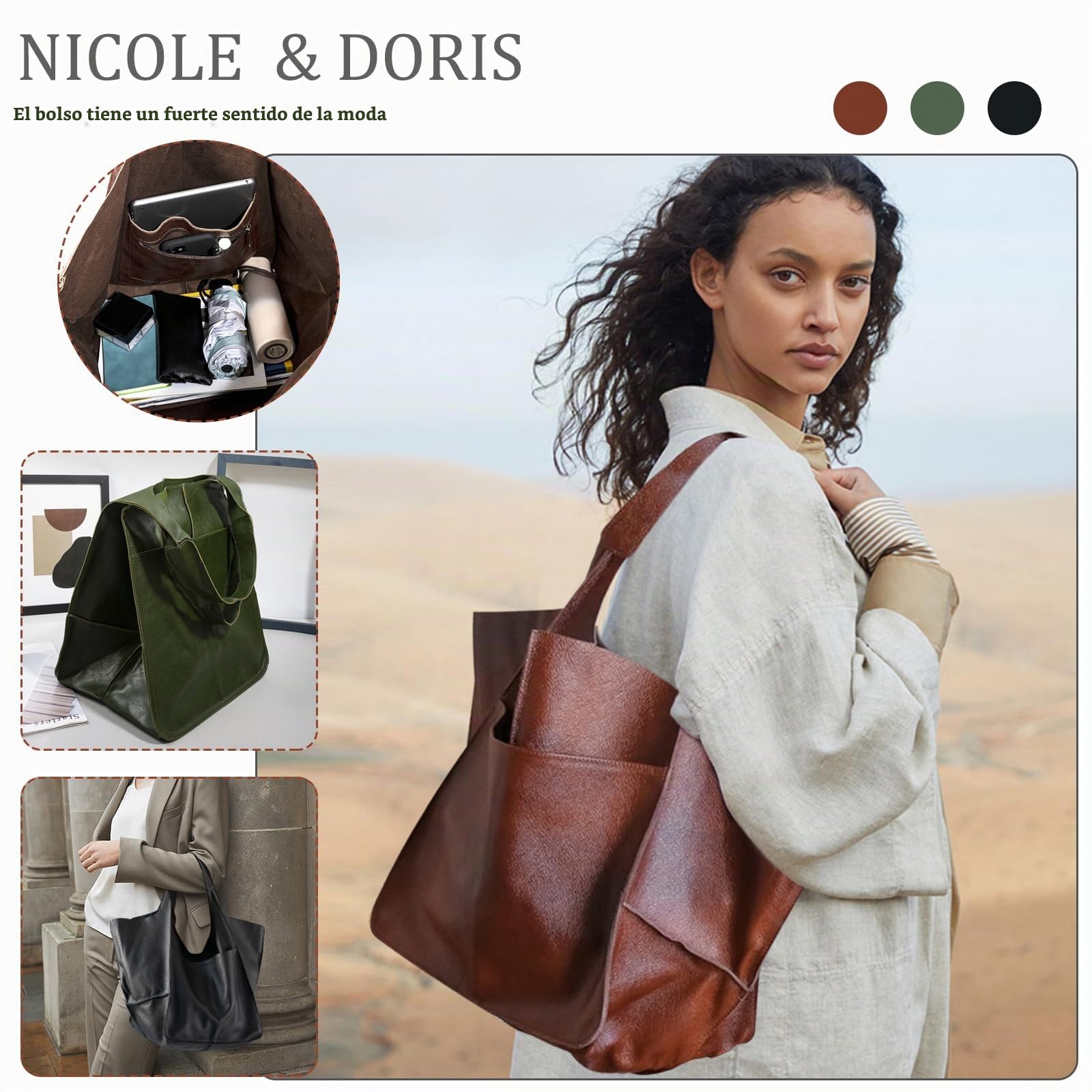 NICOLE & DORIS Bolsos de Mujer Grandes Bolso Bandolera Bolso Tote con Compartimento Bolsos Universidad Piel Suave Bolso de Hombro Ligero Plegable Bolso Trabajo Marrón Castaño