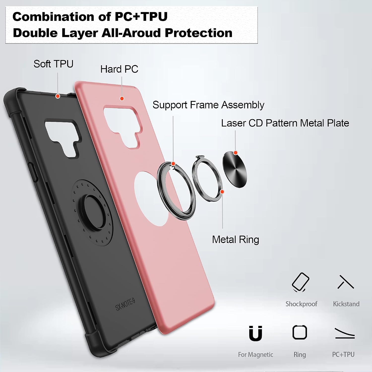 Samsung Galaxy Note 9 Case, Atump [Military-Grade] Dual Layer Shockproof Protective Phone Case with Invisible Magnetic Ring Kickstand and HD Screen Protector for Galaxy Note 9, Rose Gold