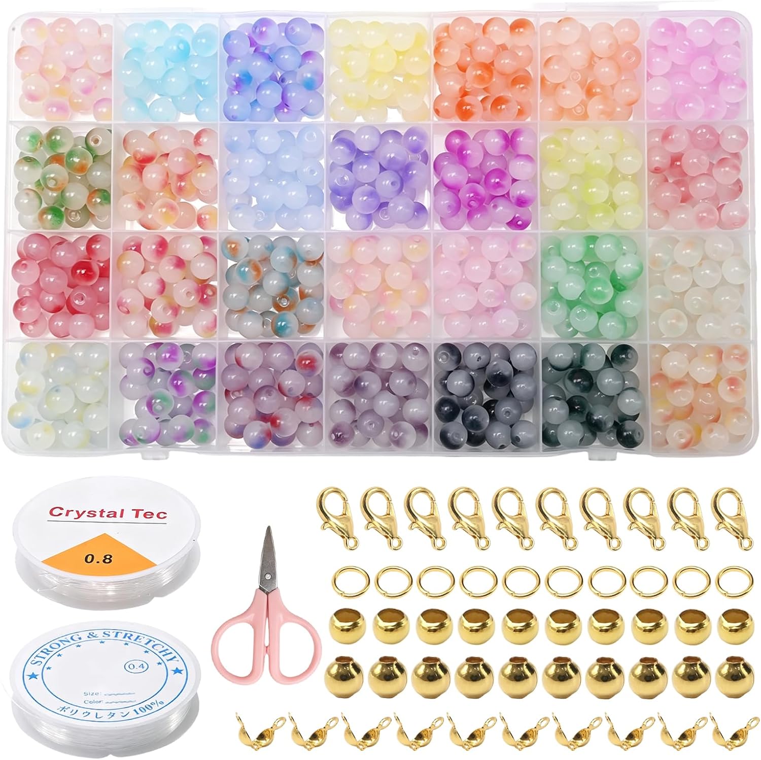 923Pcs 8mm Glass Beads Kit, 28 Colors Jewelry Making Supplies with Wire Scissors Storage Box, Suitable for DIY Jewelry Crafts