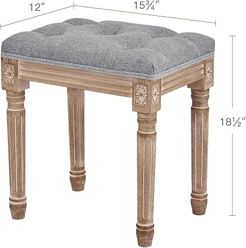Miniatura 3 de VONLUCE Taburete francés vintage con patas de madera rústica y asiento acolchado, taburete tapizado de espuma viscoelástica de 18.5 pulgadas de alto