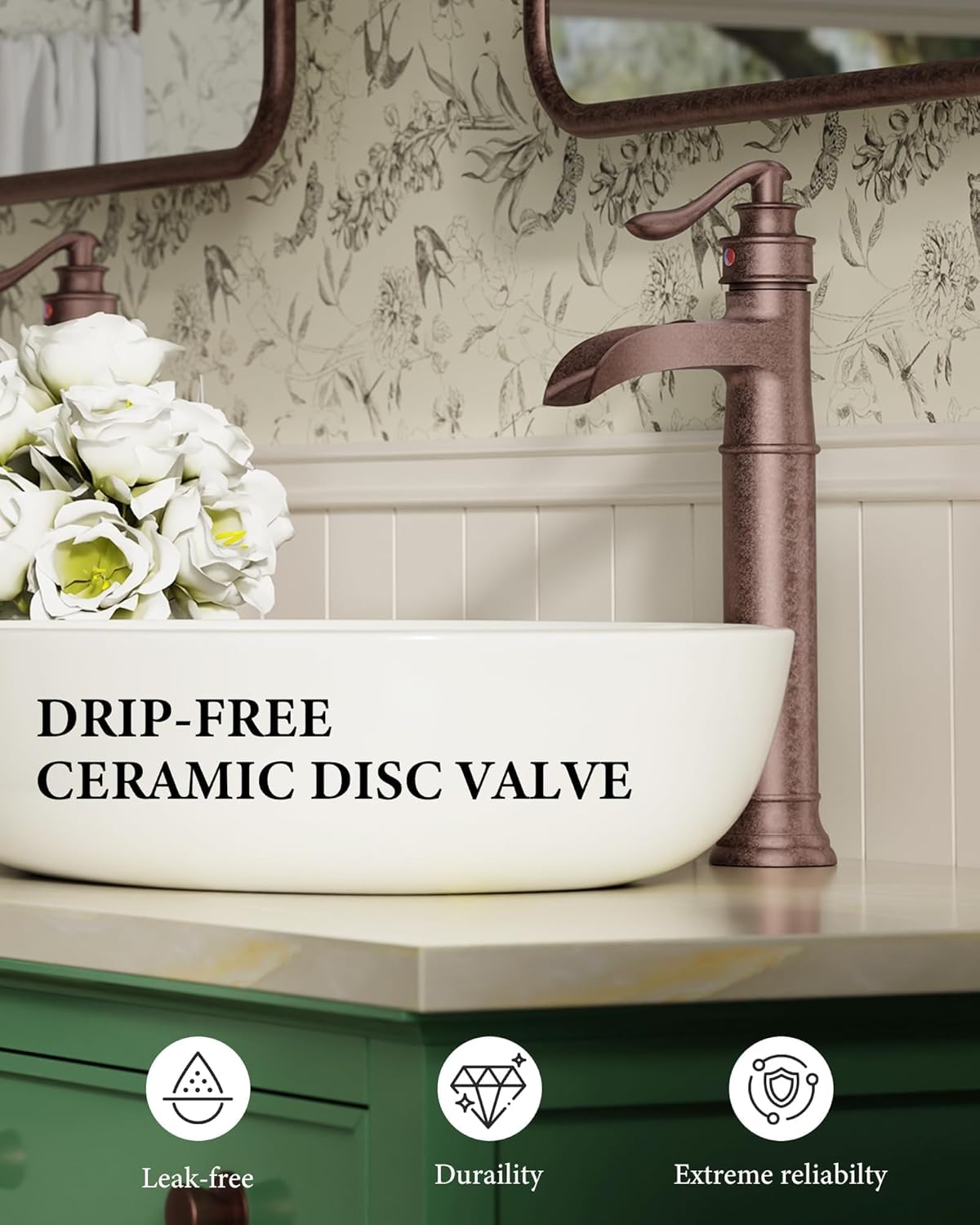 Homevacious Vessel Sink Faucet Copper Tall Bathroom Faucets Waterfall Single Handle 1 Hole Farmhouse Antique with Pop up Drain Assembly and Supply Lines Mixer Tap Without Overflow Counter Top - Image 5