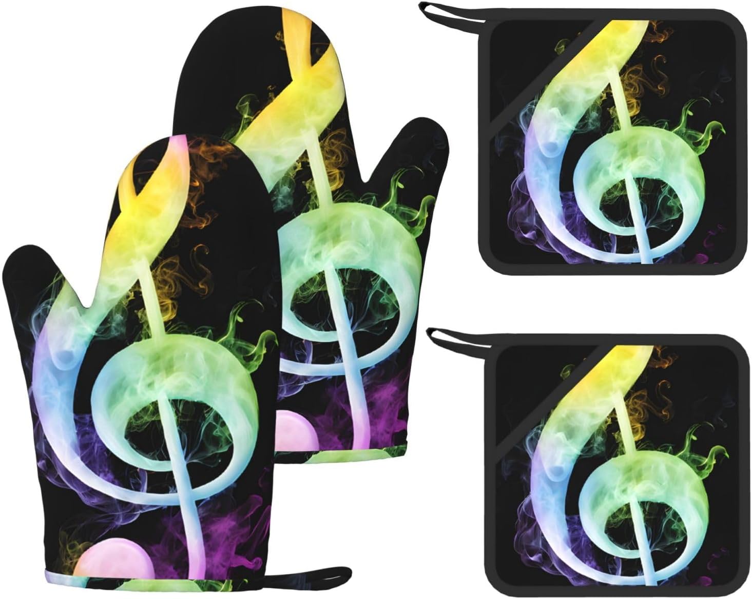 Colorful Music Notes Oven Mitts and Pot Holders Set of 4 Heat Resistant Kitchen Gloves with Silicone Palm Hot Pads for Baking Cooking Grilling BBQ