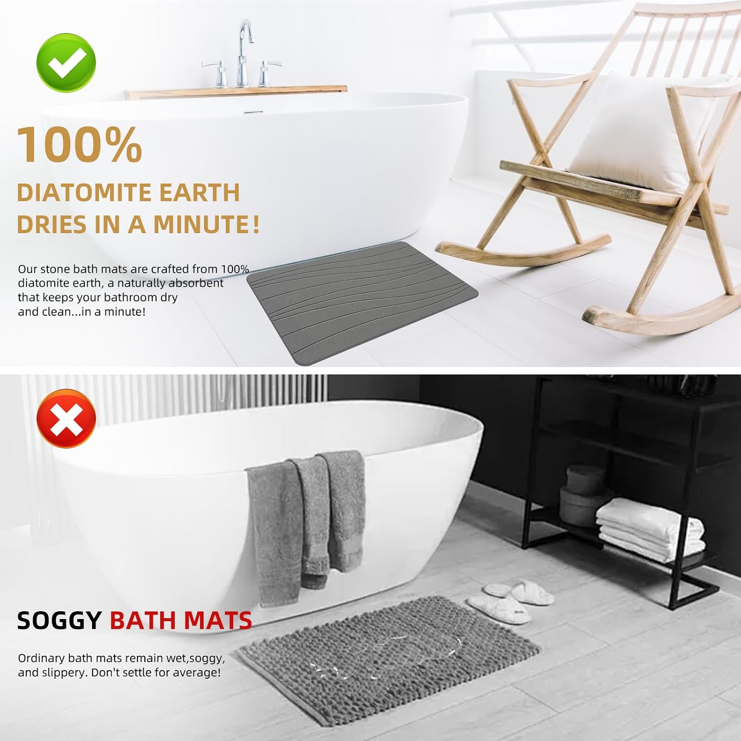 Extra Large Stone Bath Mat, 30'' x 17'' Diatomaceous Earth Non-Slip Stone Shower Mat, Super Absorbent Diatomite Stone Mats for Bathroom Dark Gray XL Flow